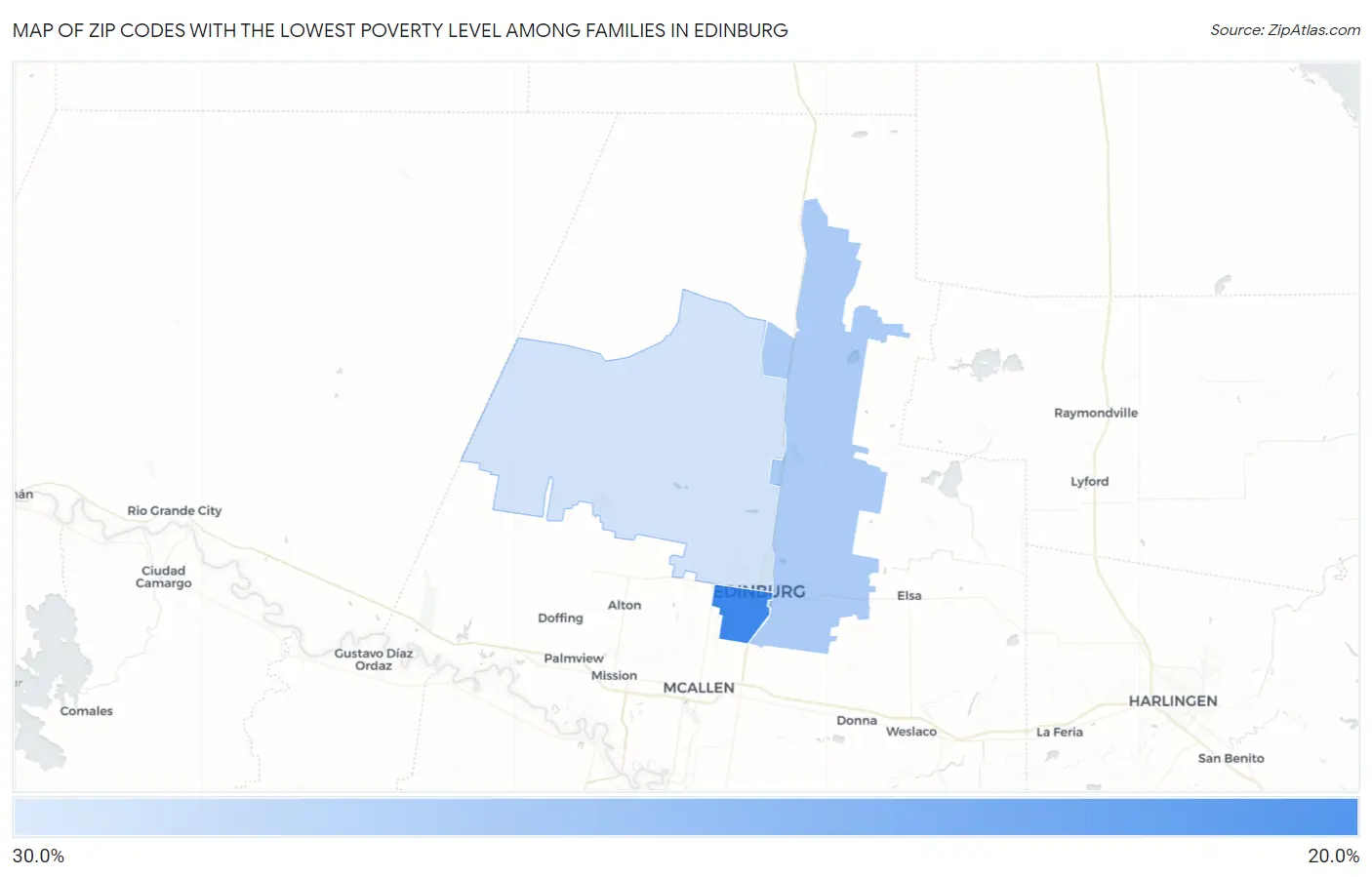 Zip Codes with the Lowest Poverty Level Among Families in Edinburg Map