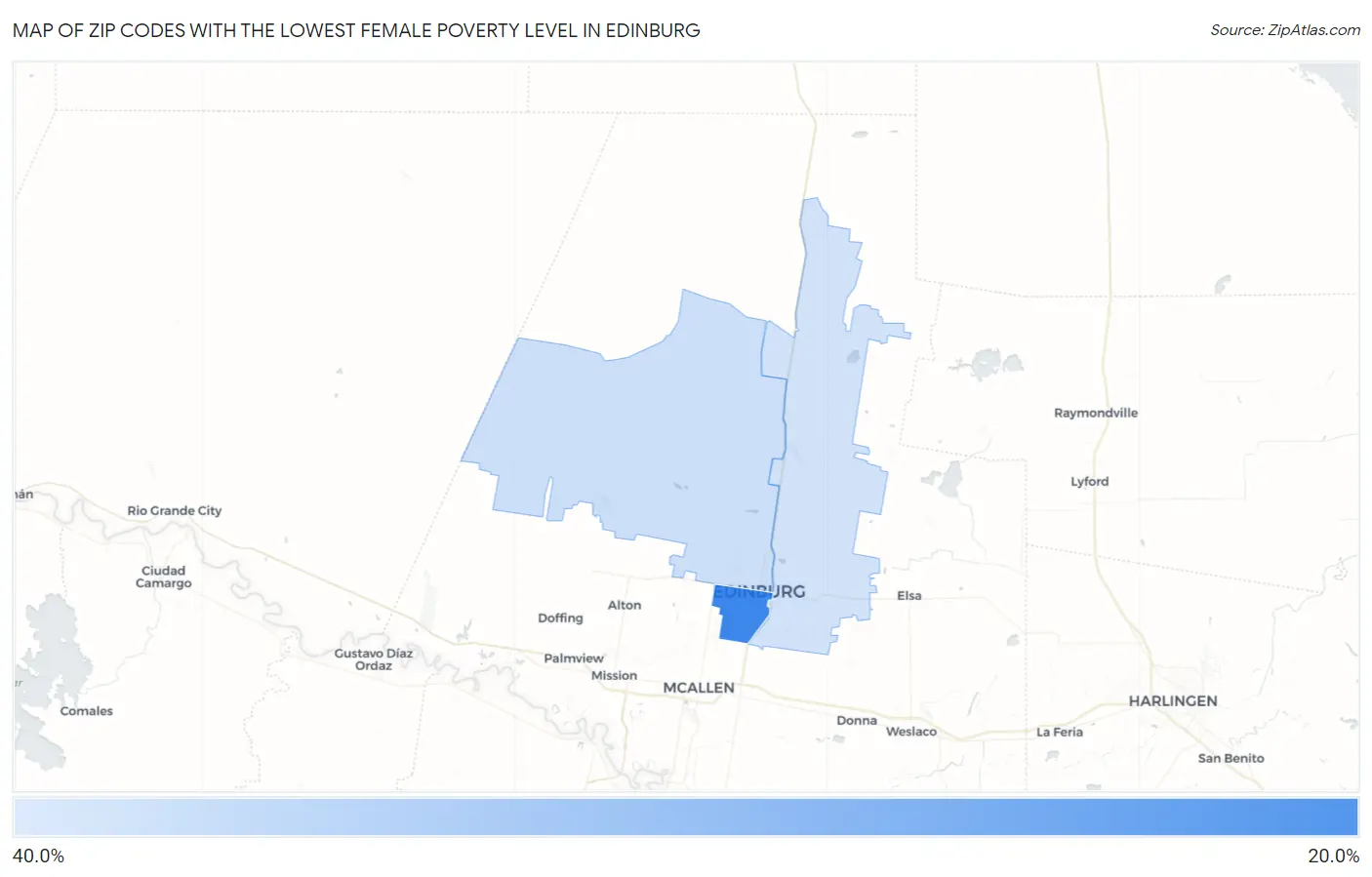 Zip Codes with the Lowest Female Poverty Level in Edinburg Map