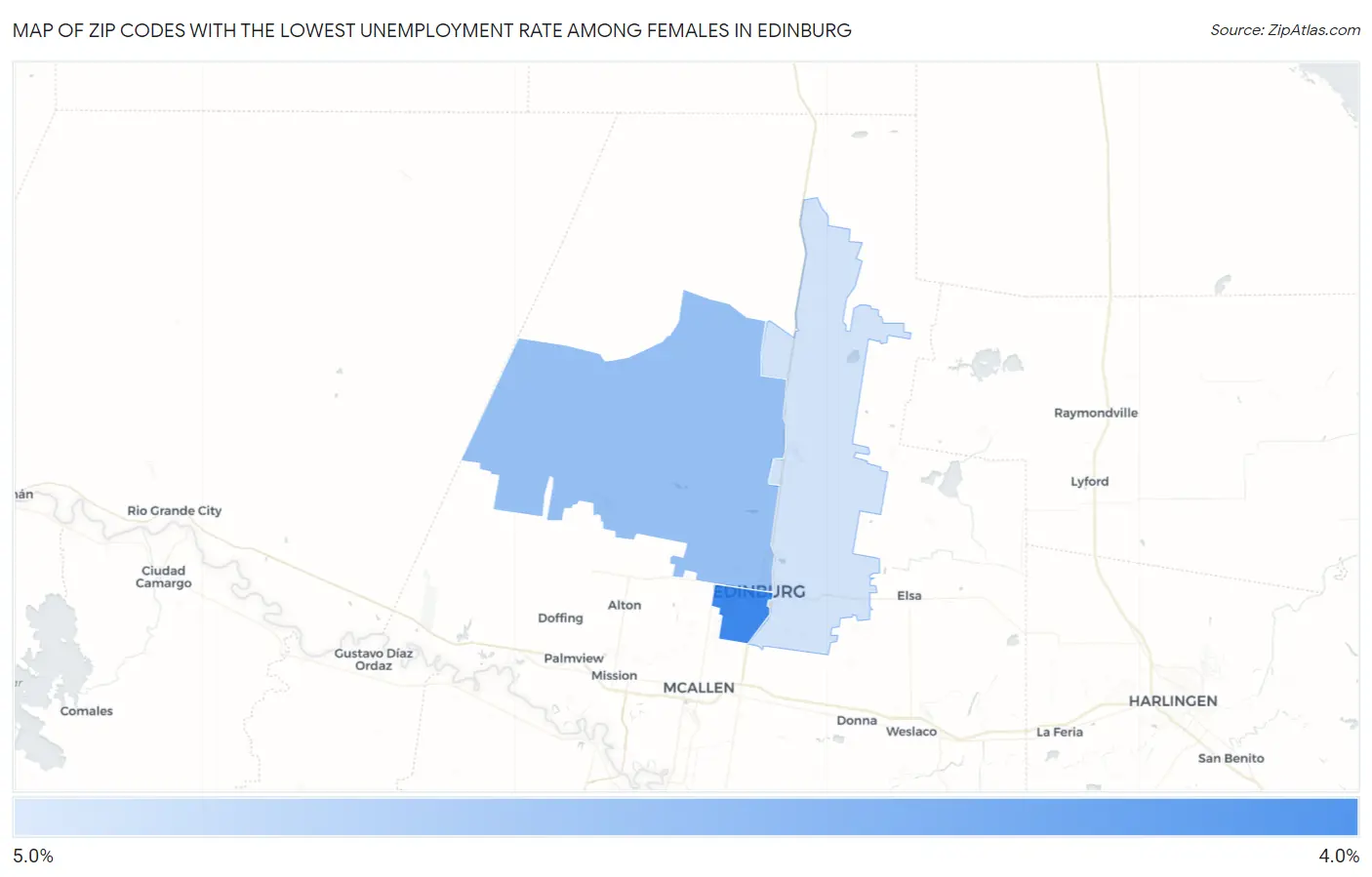 Zip Codes with the Lowest Unemployment Rate Among Females in Edinburg Map