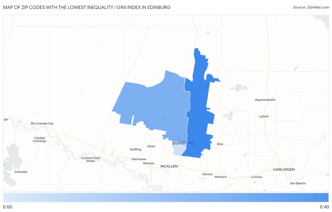Zip Codes with the Lowest Inequality / Gini Index in Edinburg Map