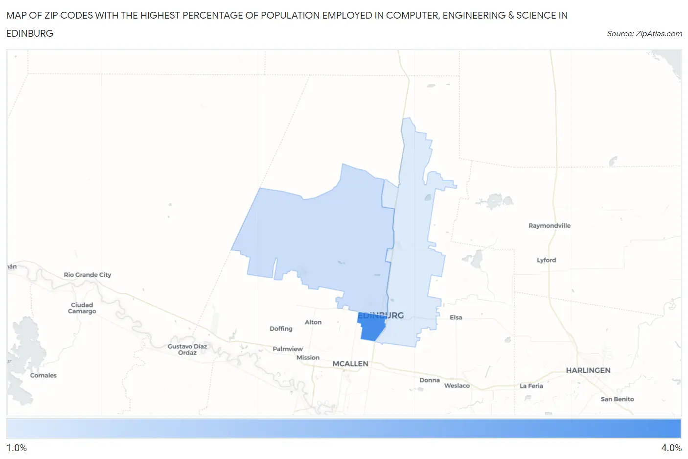 Zip Codes with the Highest Percentage of Population Employed in Computer, Engineering & Science in Edinburg Map