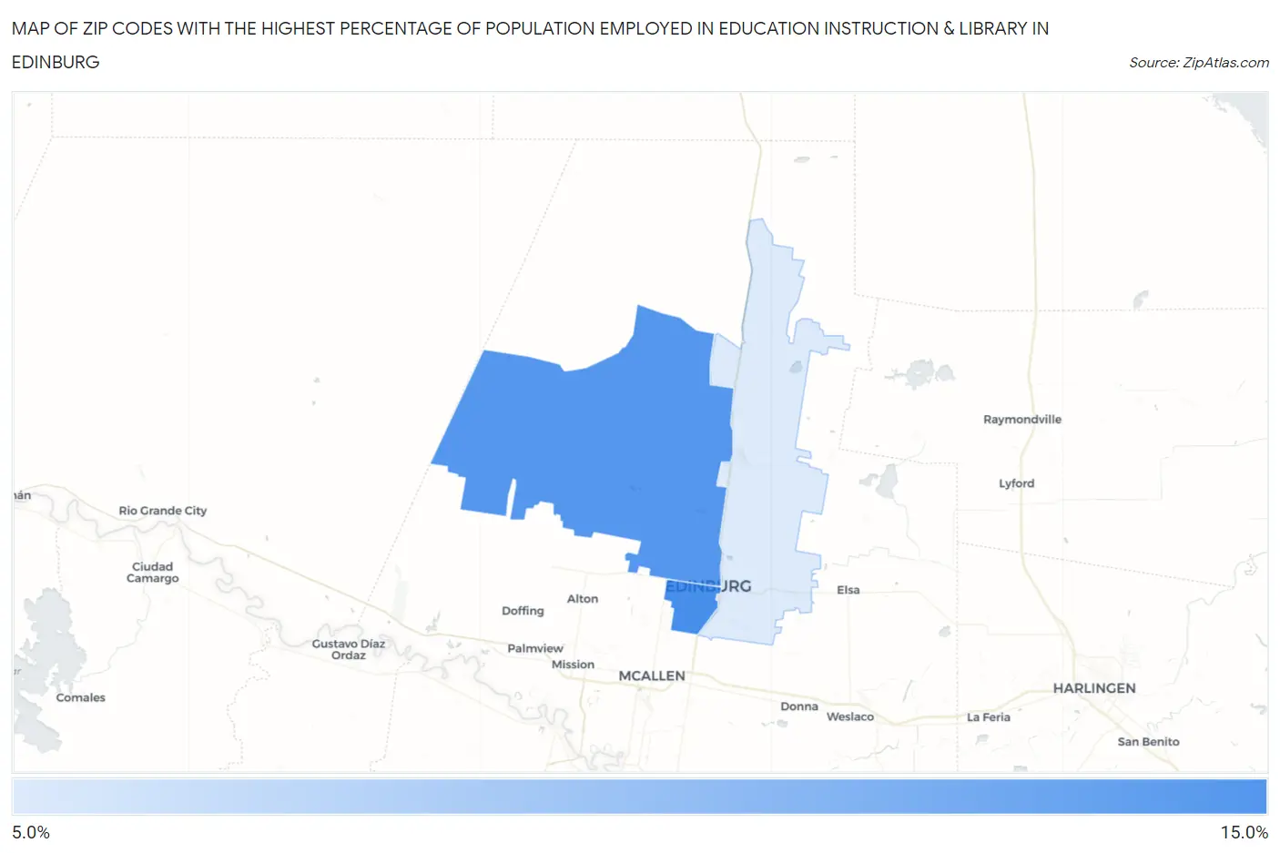 Zip Codes with the Highest Percentage of Population Employed in Education Instruction & Library in Edinburg Map