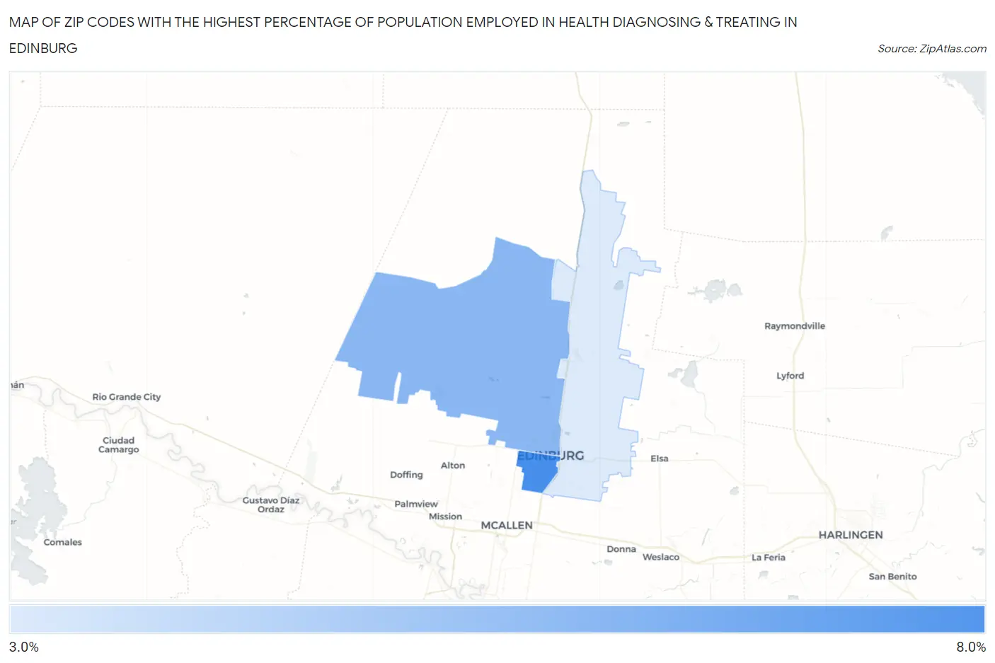 Zip Codes with the Highest Percentage of Population Employed in Health Diagnosing & Treating in Edinburg Map