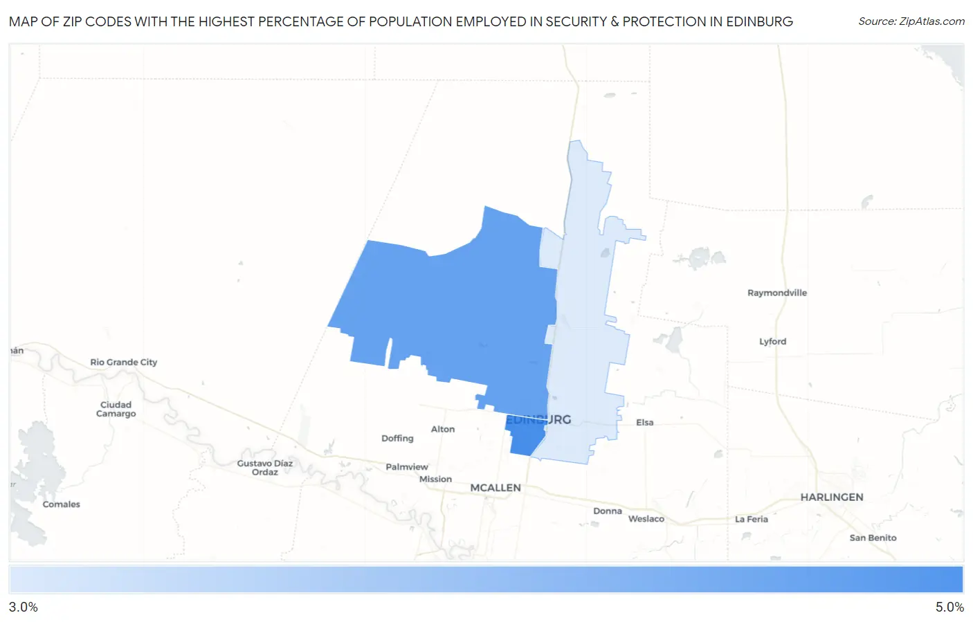 Zip Codes with the Highest Percentage of Population Employed in Security & Protection in Edinburg Map