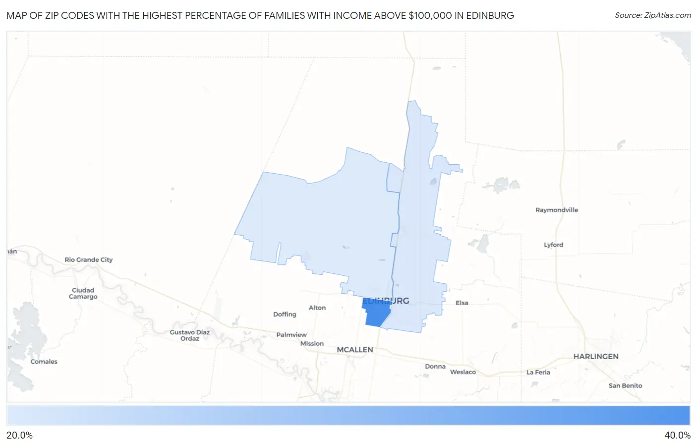 Zip Codes with the Highest Percentage of Families with Income Above $100,000 in Edinburg Map