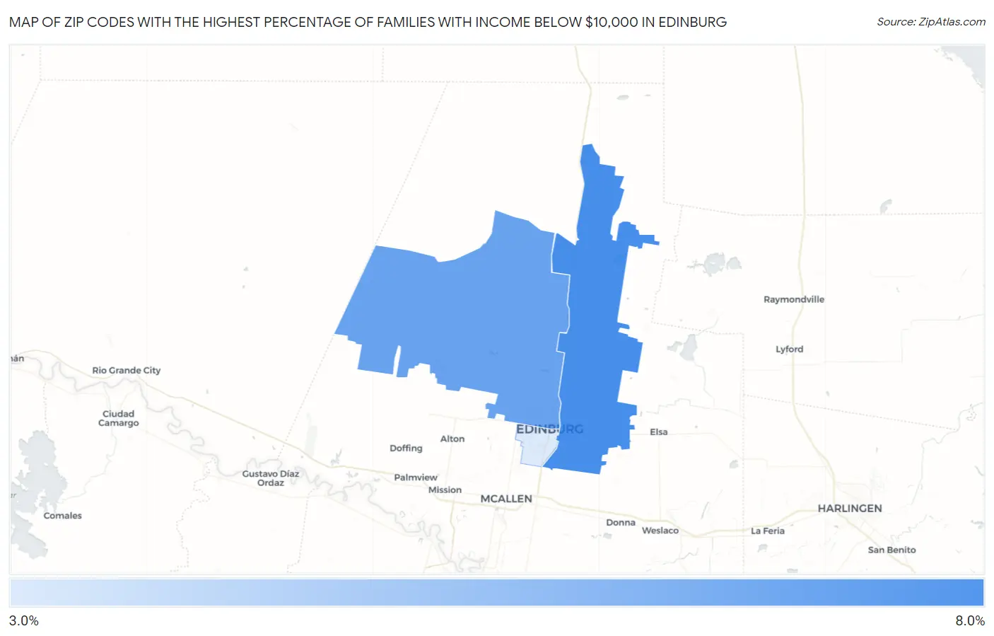 Zip Codes with the Highest Percentage of Families with Income Below $10,000 in Edinburg Map