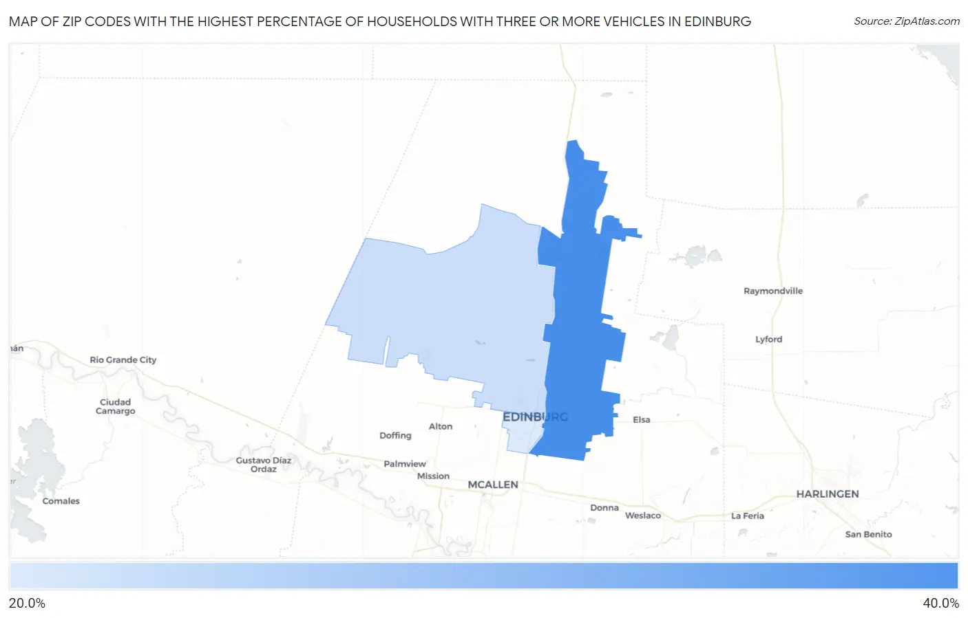 Zip Codes with the Highest Percentage of Households With Three or more Vehicles in Edinburg Map