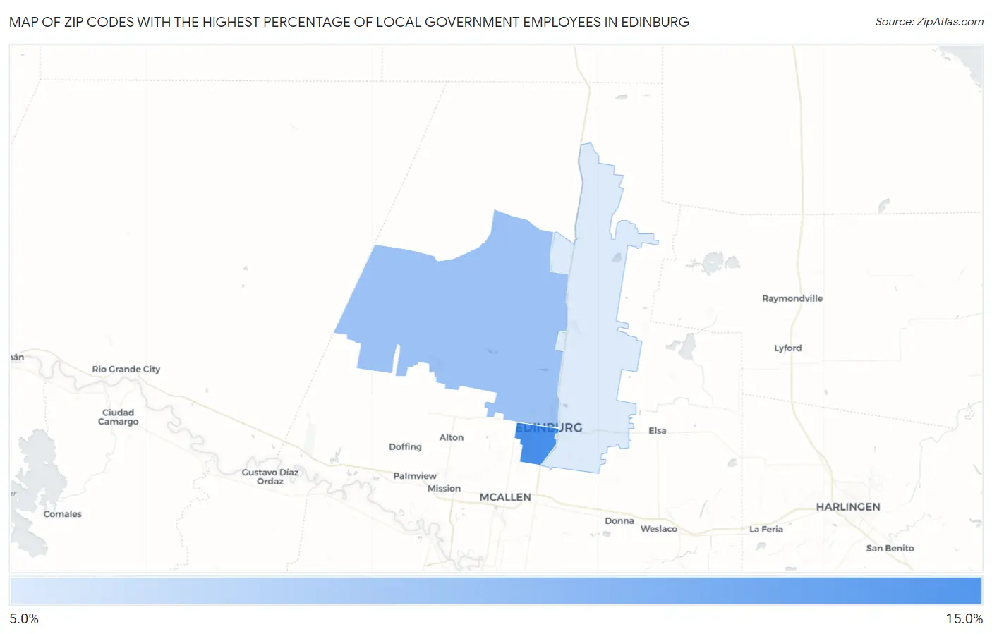 Zip Codes with the Highest Percentage of Local Government Employees in Edinburg Map
