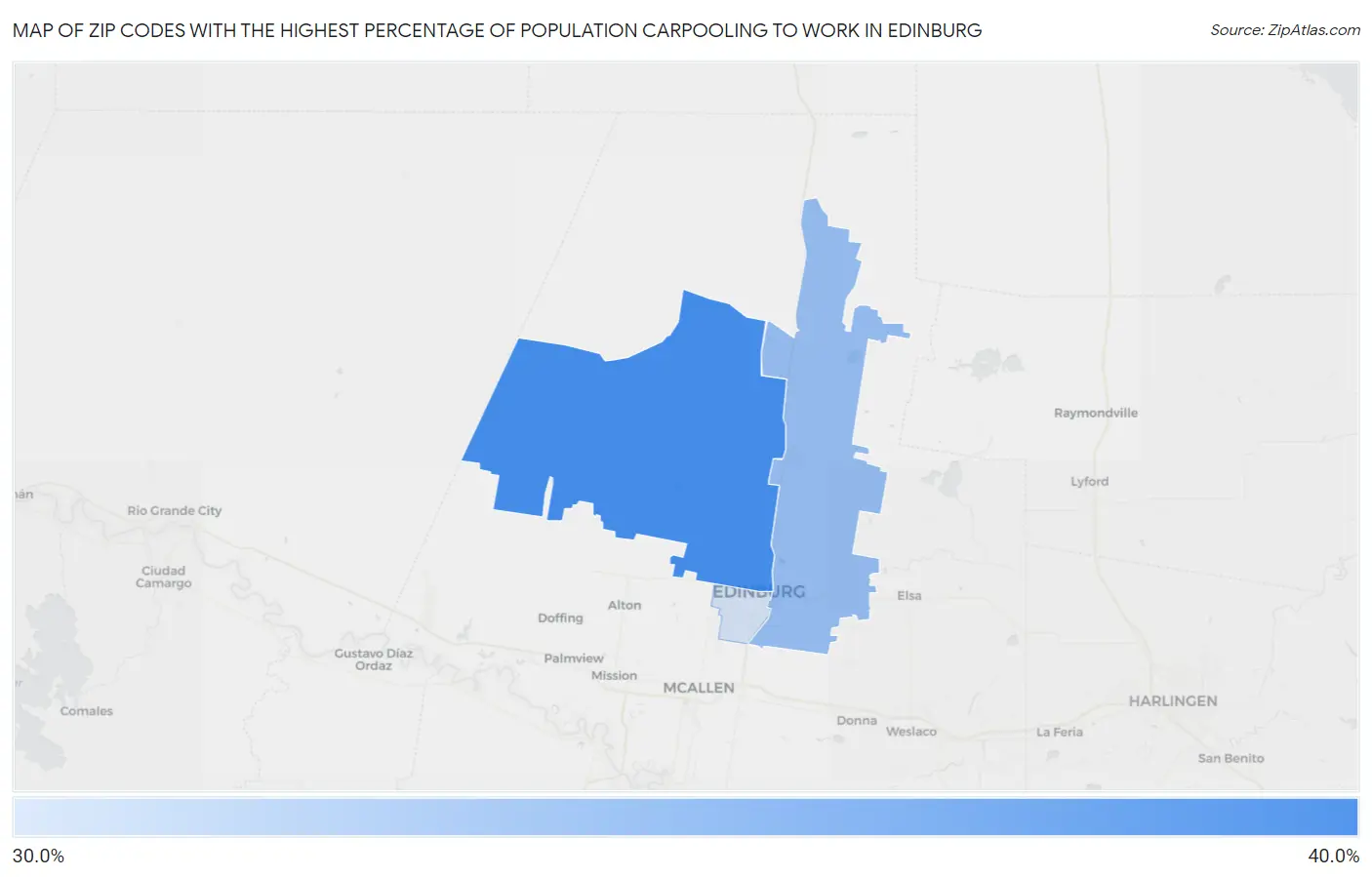 Zip Codes with the Highest Percentage of Population Carpooling to Work in Edinburg Map