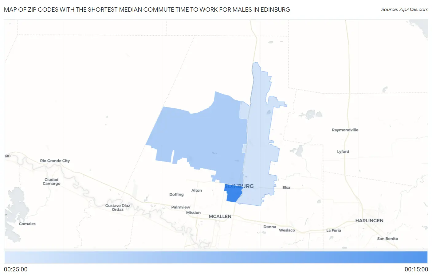 Zip Codes with the Shortest Median Commute Time to Work for Males in Edinburg Map