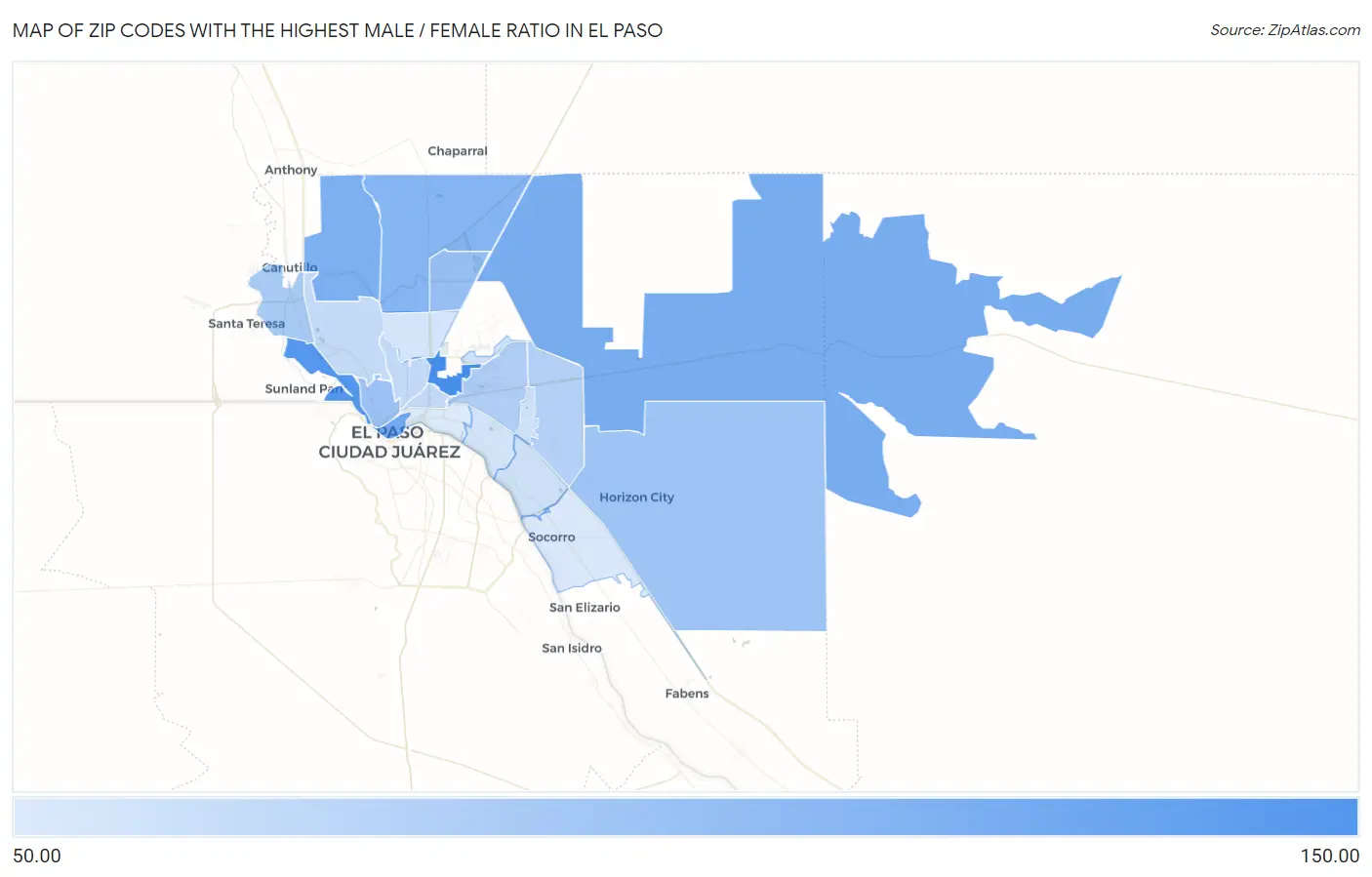 Zip Codes with the Highest Male / Female Ratio in El Paso Map