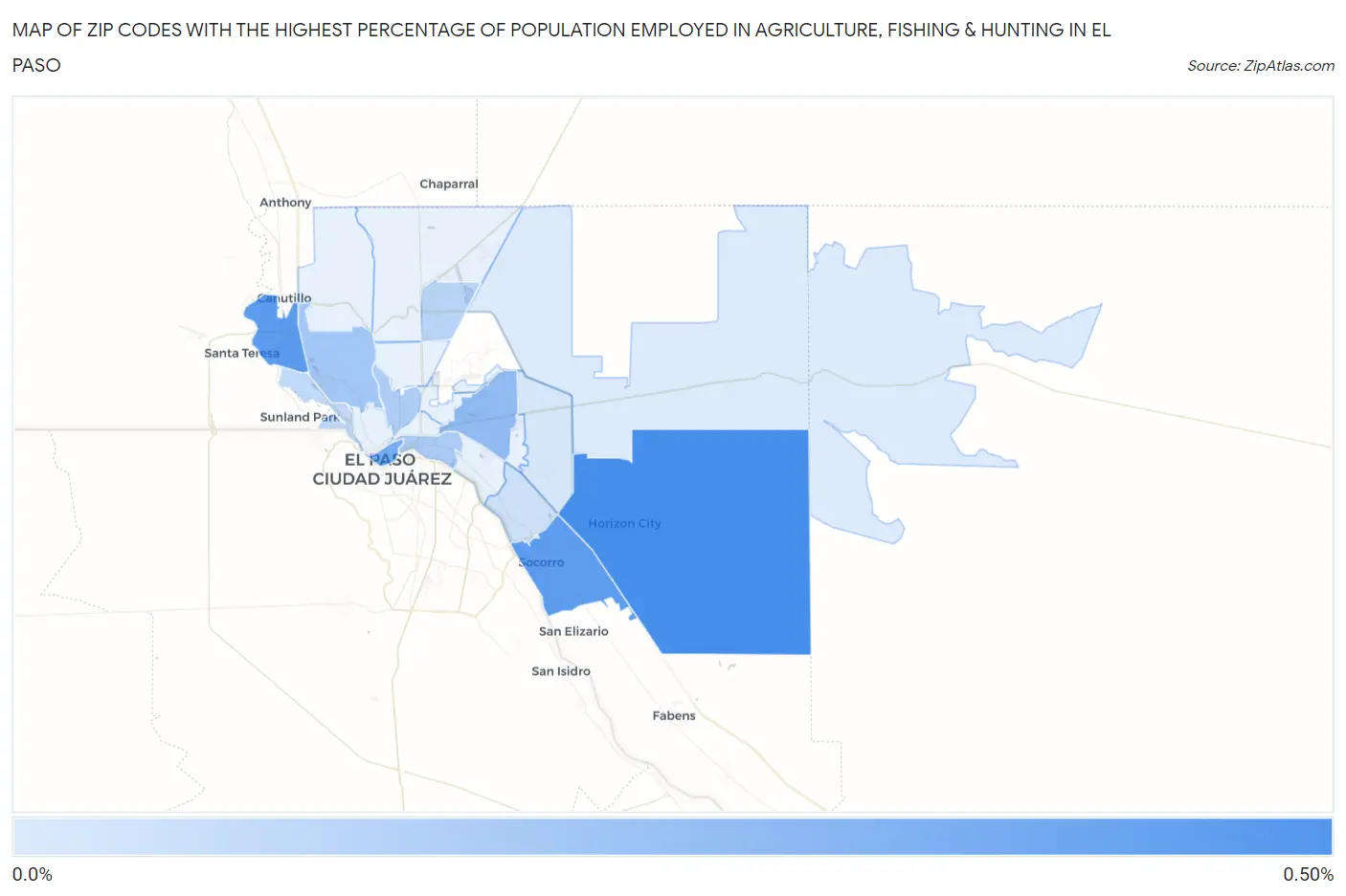 Zip Codes with the Highest Percentage of Population Employed in Agriculture, Fishing & Hunting in El Paso Map