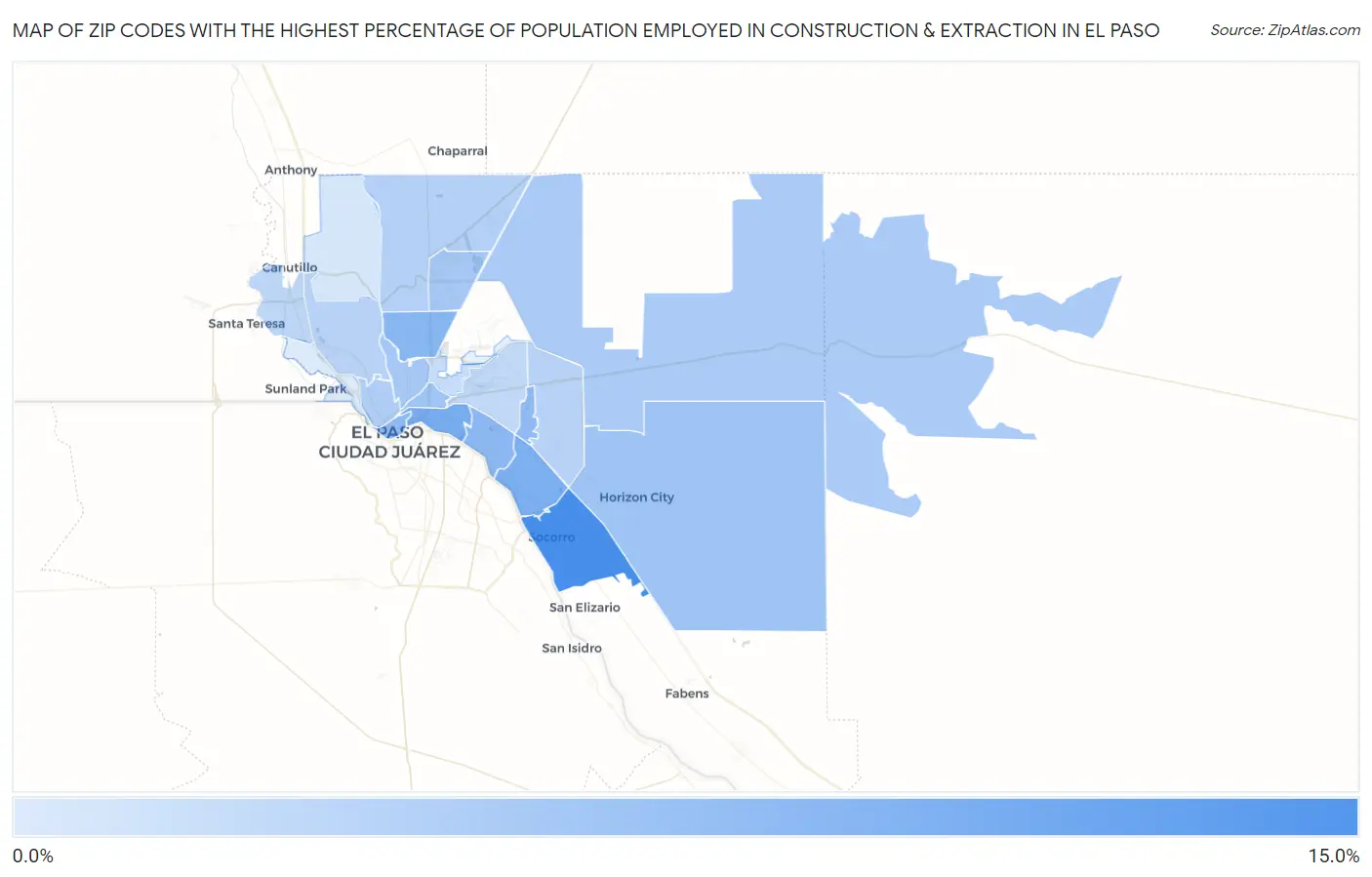 Zip Codes with the Highest Percentage of Population Employed in Construction & Extraction in El Paso Map