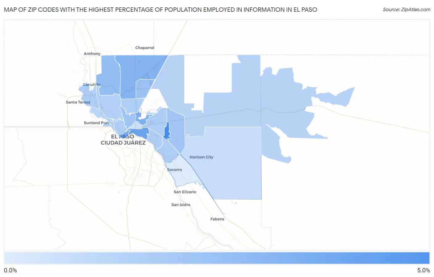 Zip Codes with the Highest Percentage of Population Employed in Information in El Paso Map