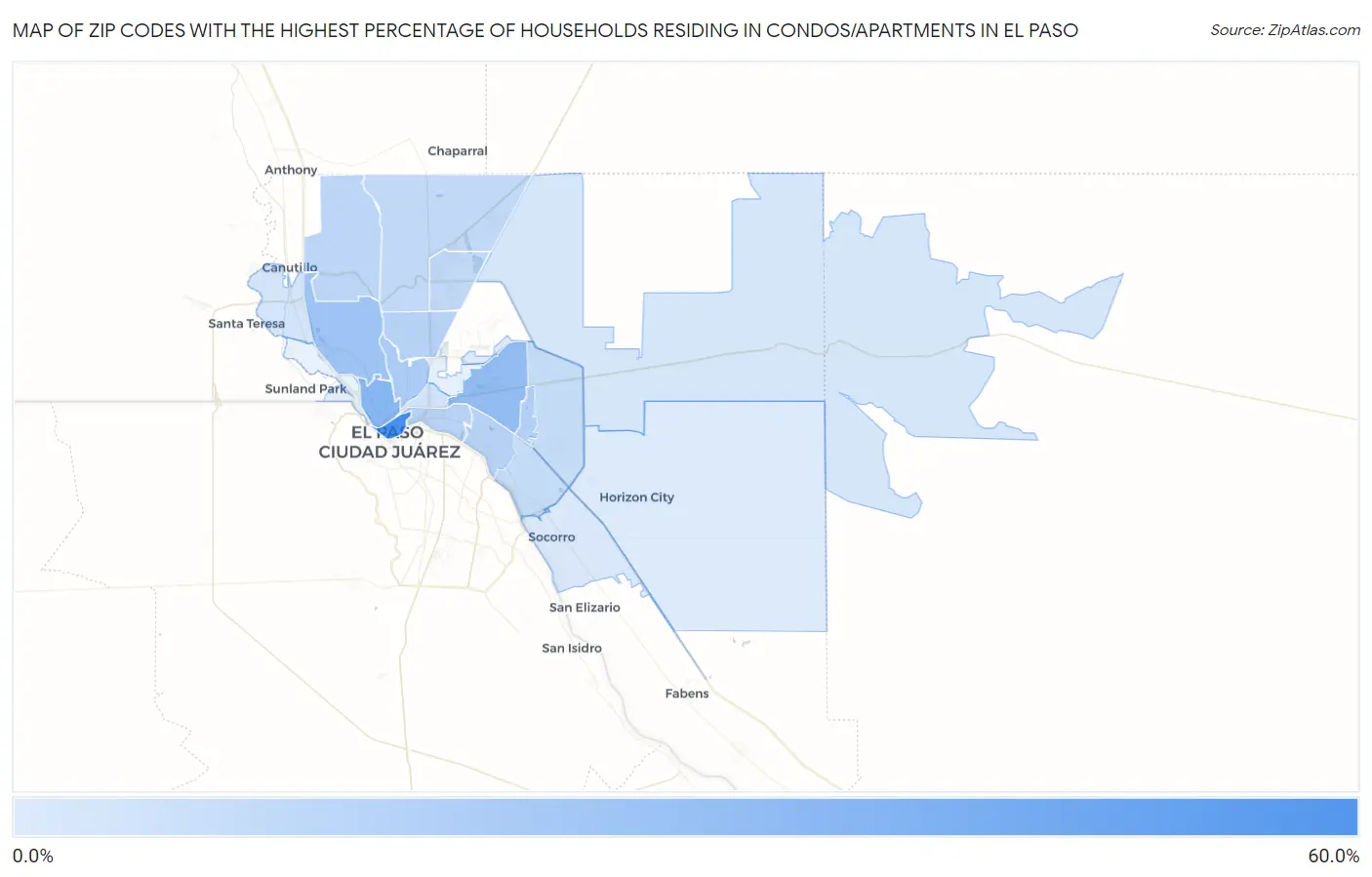 Zip Codes with the Highest Percentage of Households Residing in Condos/Apartments in El Paso Map
