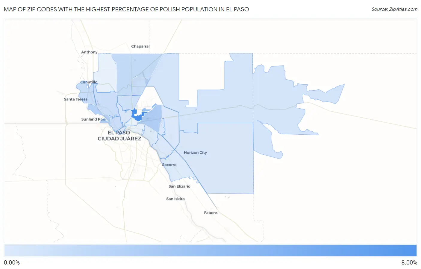 Zip Codes with the Highest Percentage of Polish Population in El Paso Map