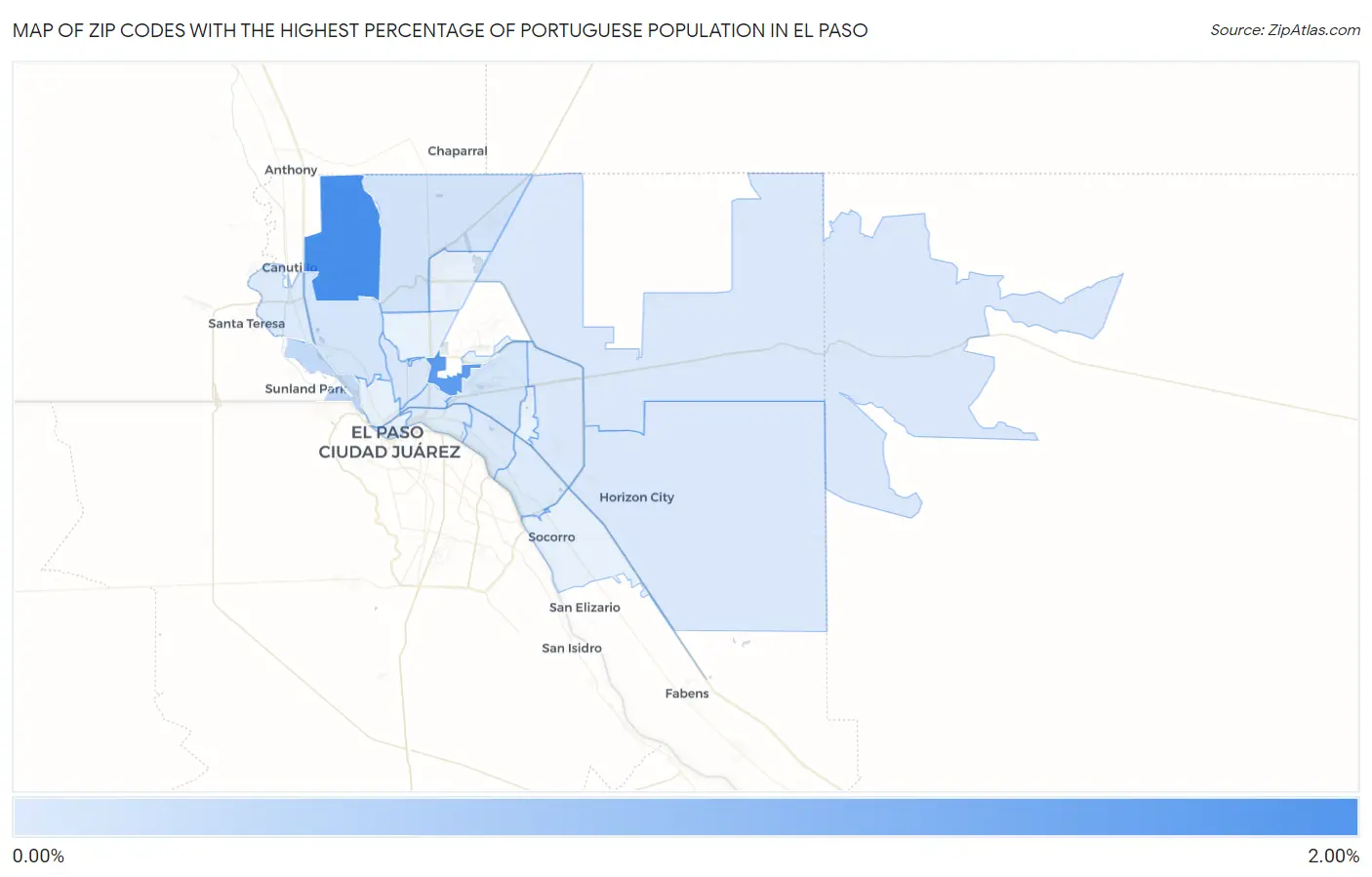 Zip Codes with the Highest Percentage of Portuguese Population in El Paso Map