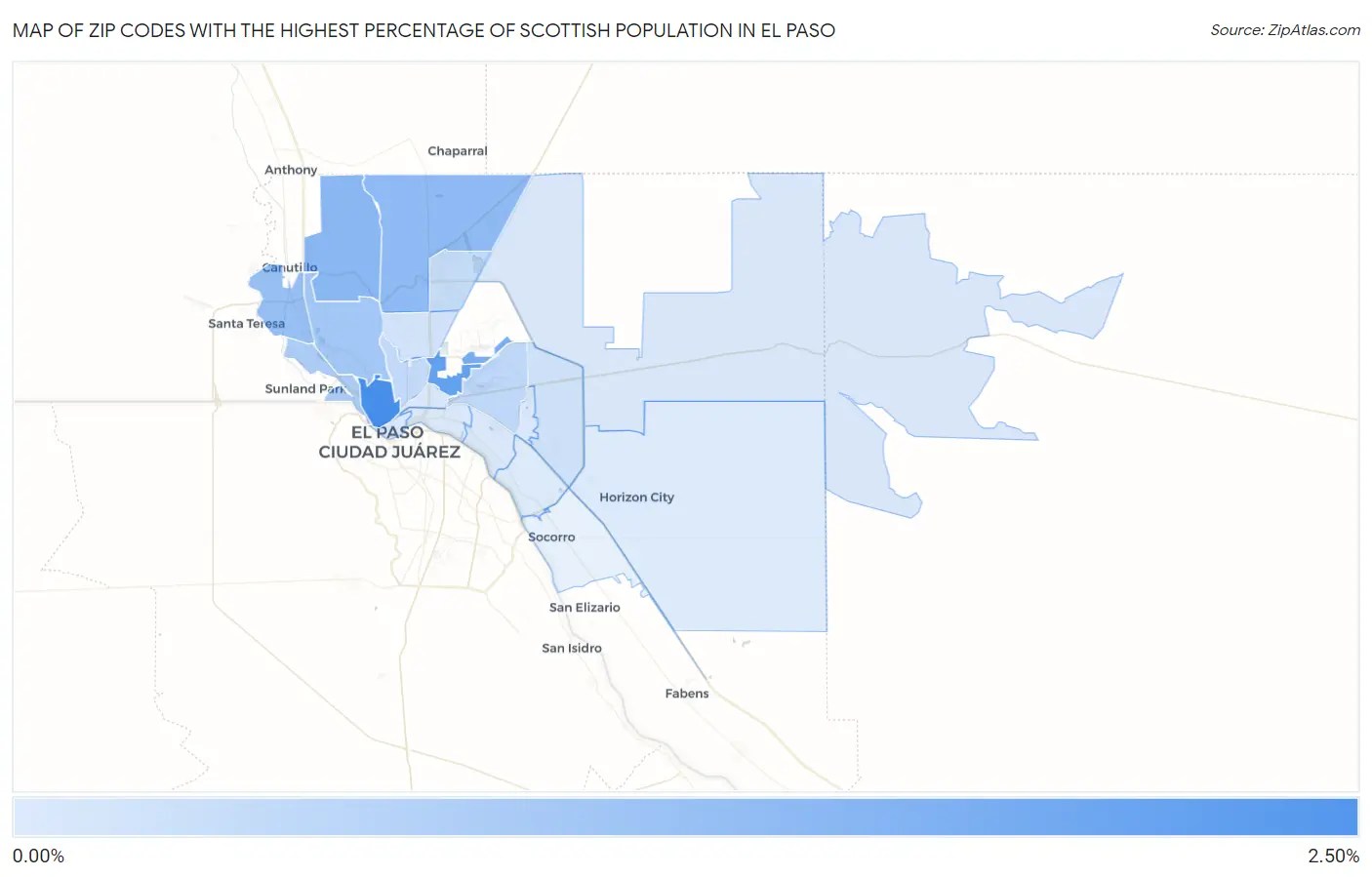 Zip Codes with the Highest Percentage of Scottish Population in El Paso Map