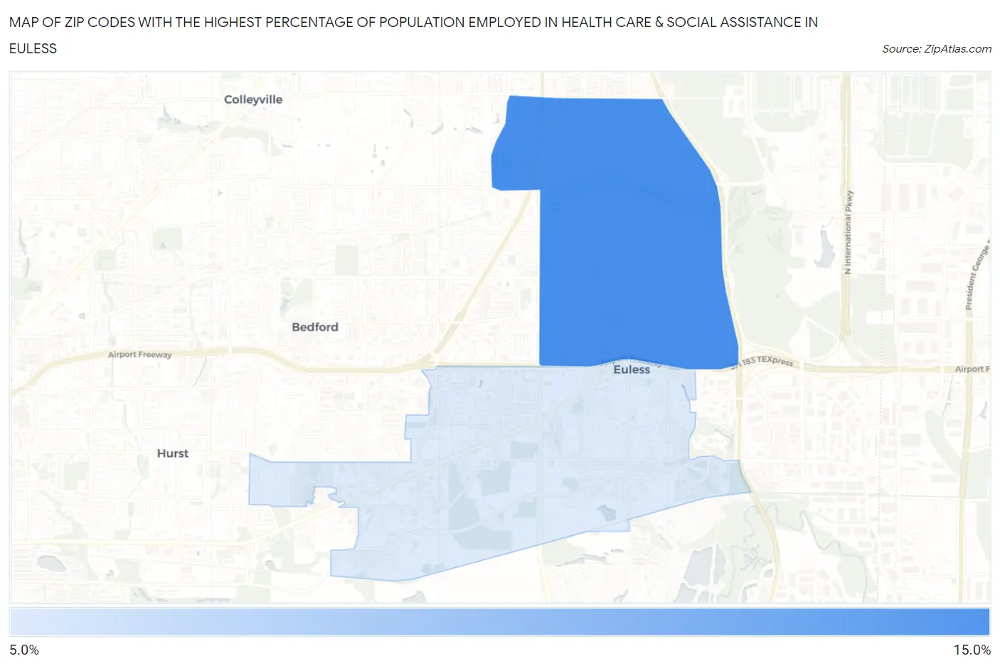 Zip Codes with the Highest Percentage of Population Employed in Health Care & Social Assistance in Euless Map