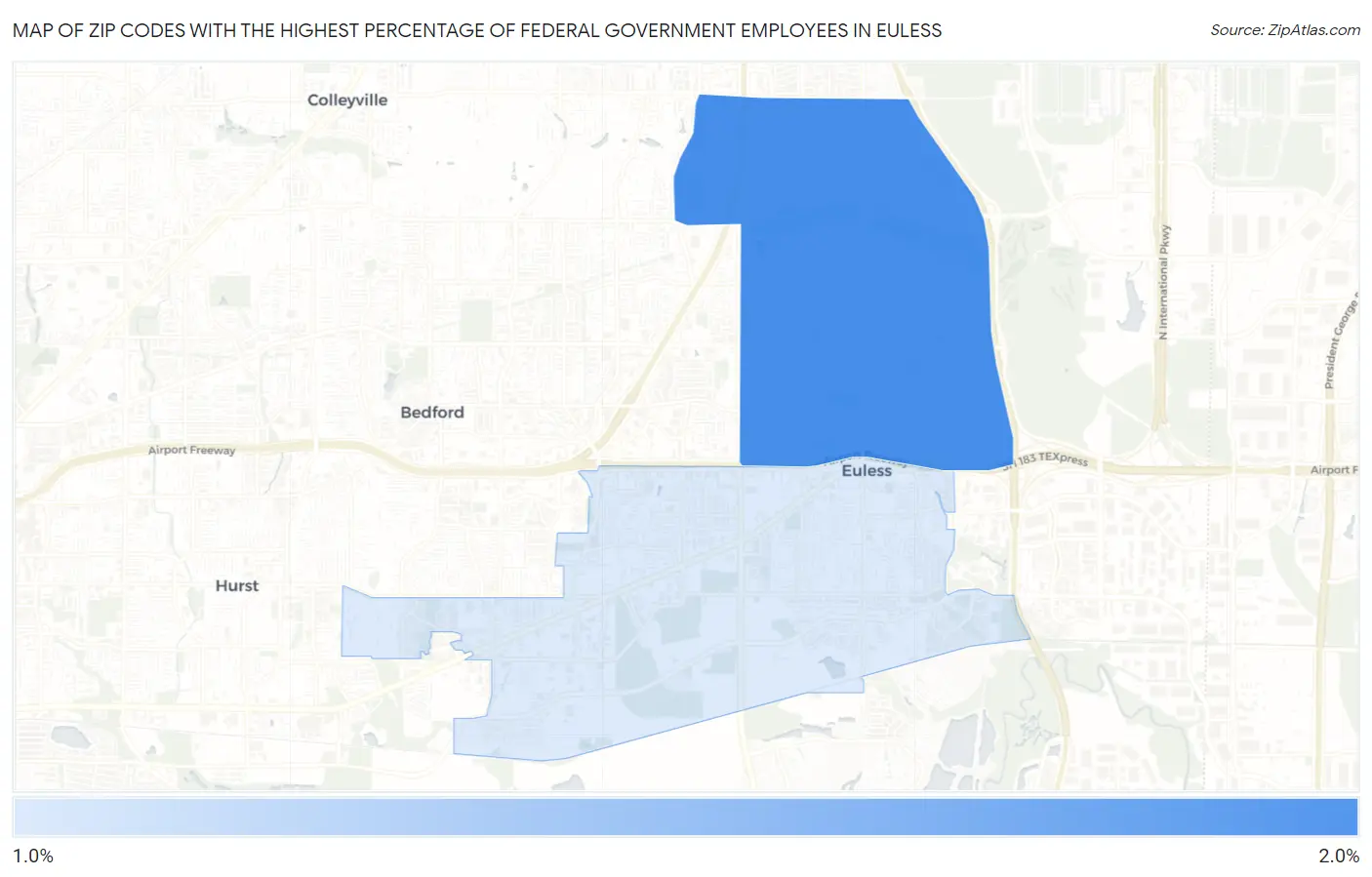 Zip Codes with the Highest Percentage of Federal Government Employees in Euless Map