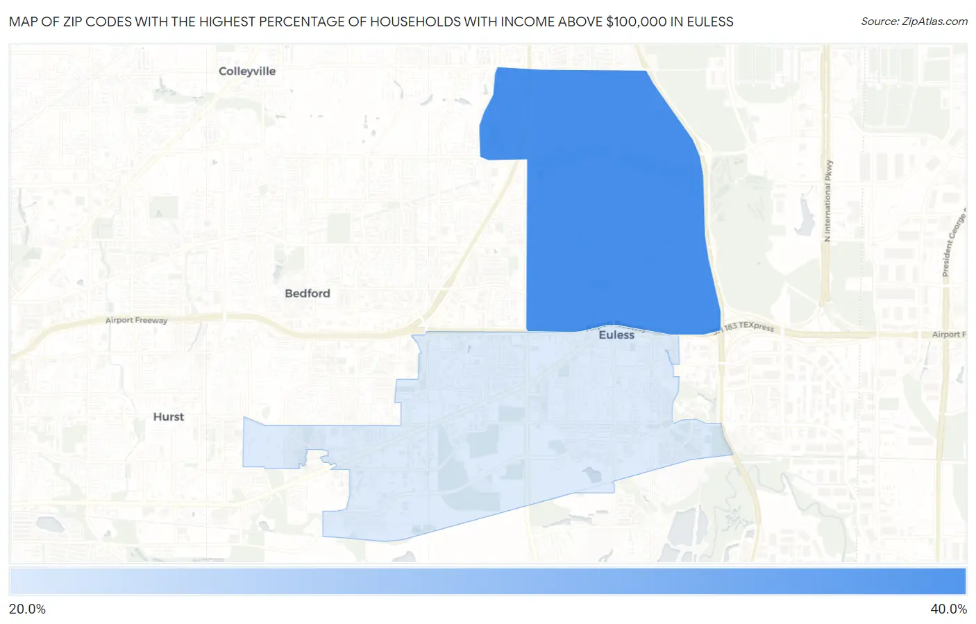 Zip Codes with the Highest Percentage of Households with Income Above $100,000 in Euless Map