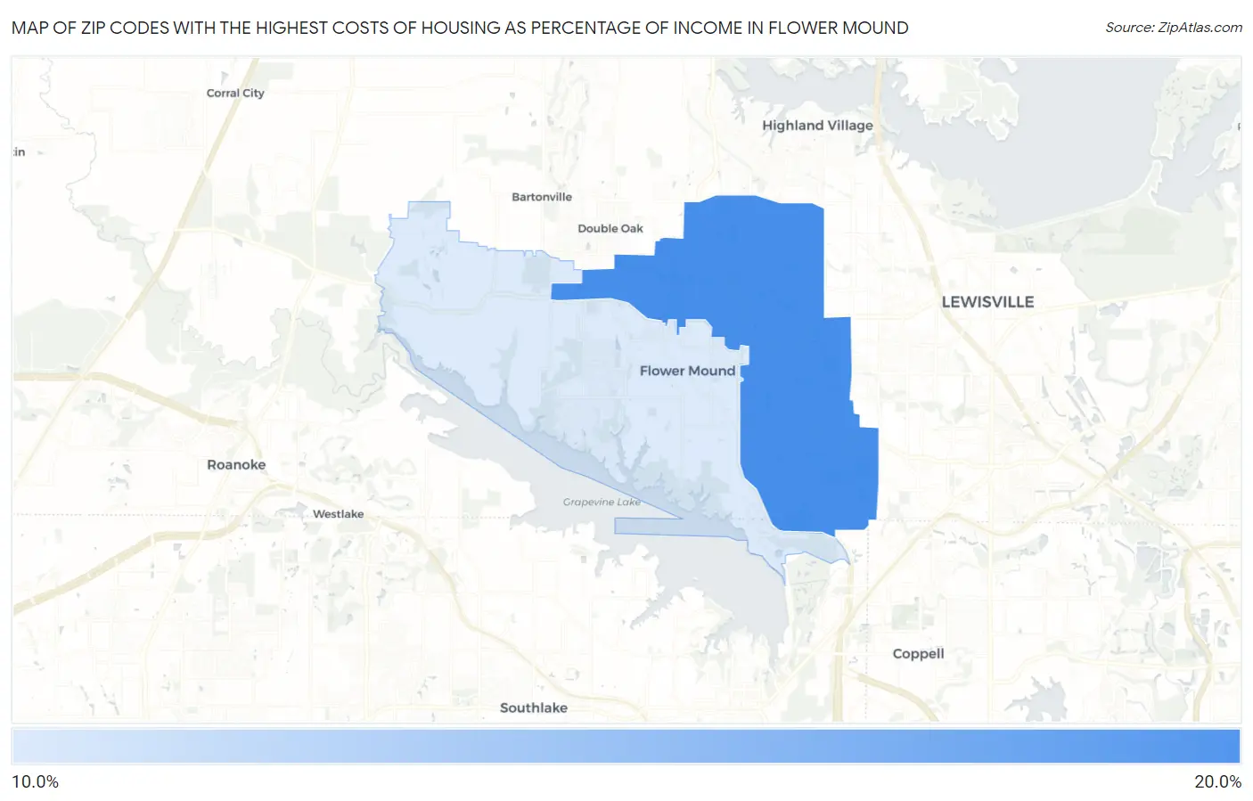 Zip Codes with the Highest Costs of Housing as Percentage of Income in Flower Mound Map