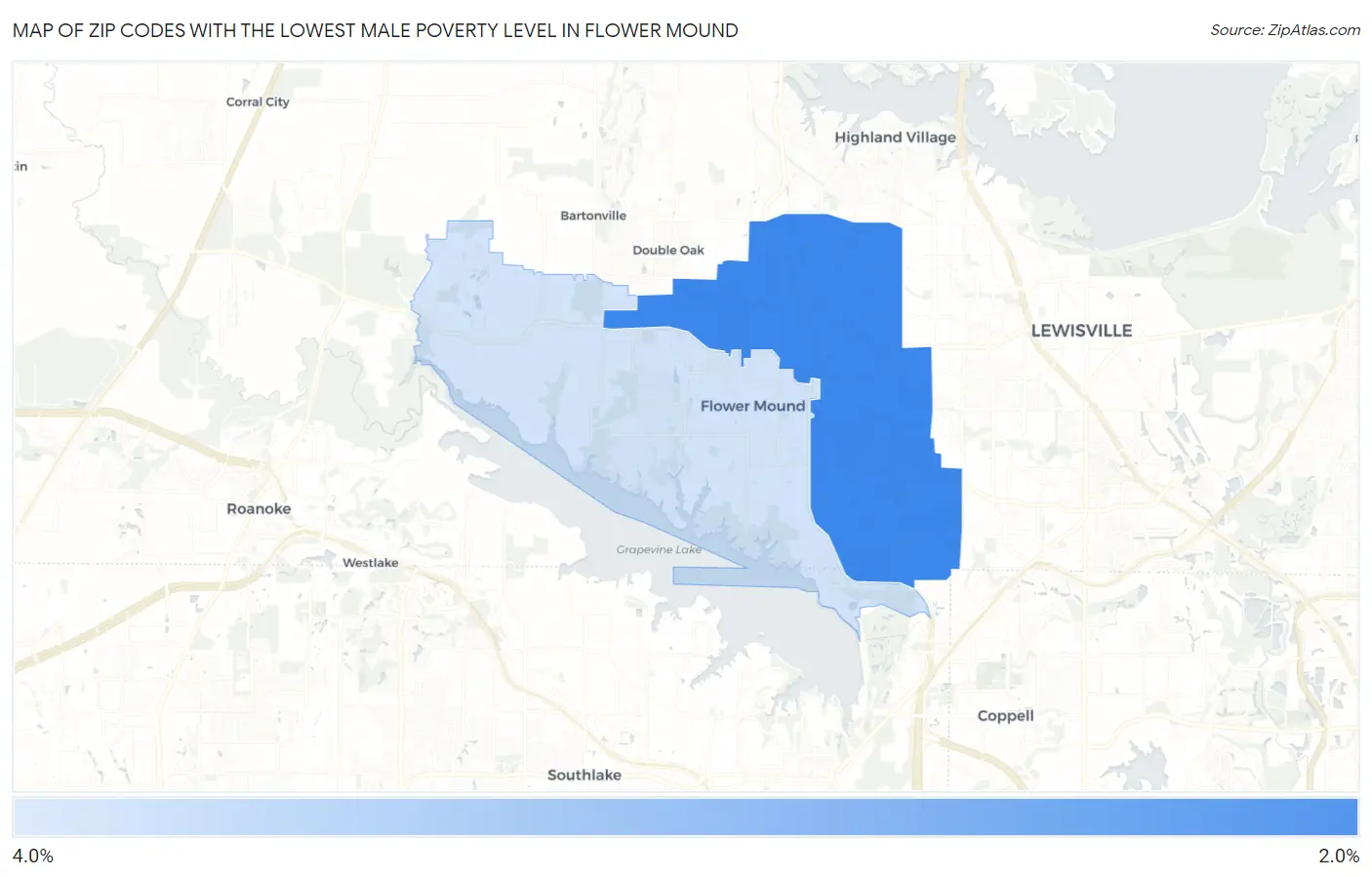 Zip Codes with the Lowest Male Poverty Level in Flower Mound Map