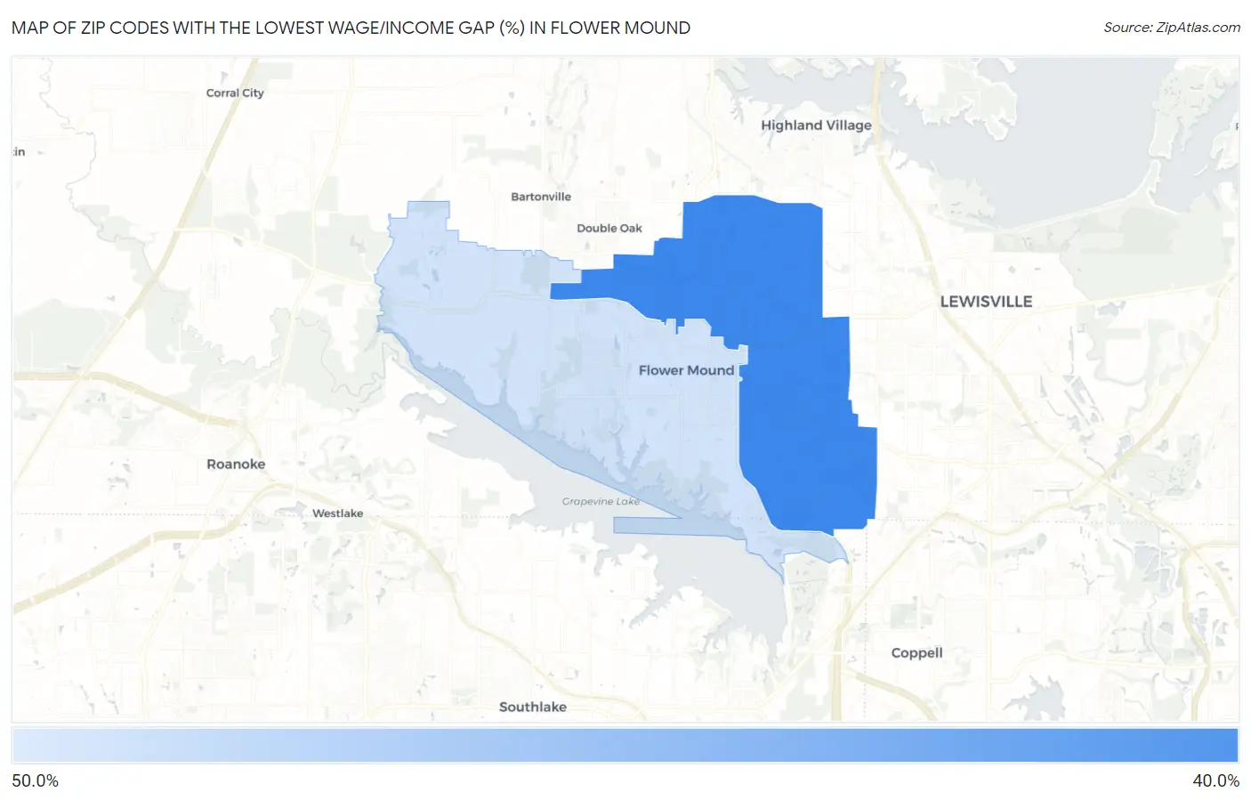 Zip Codes with the Lowest Wage/Income Gap (%) in Flower Mound Map