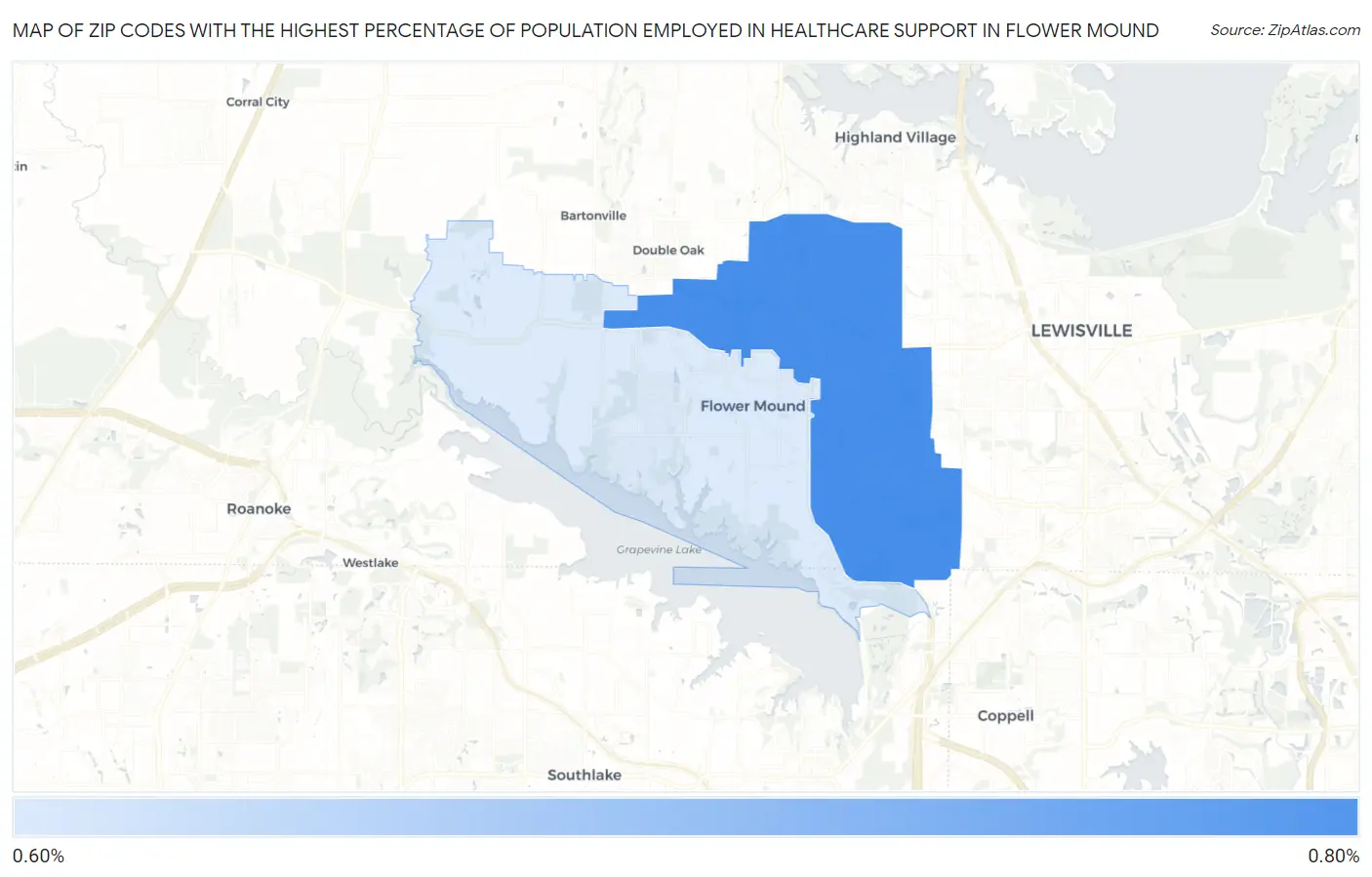 Zip Codes with the Highest Percentage of Population Employed in Healthcare Support in Flower Mound Map