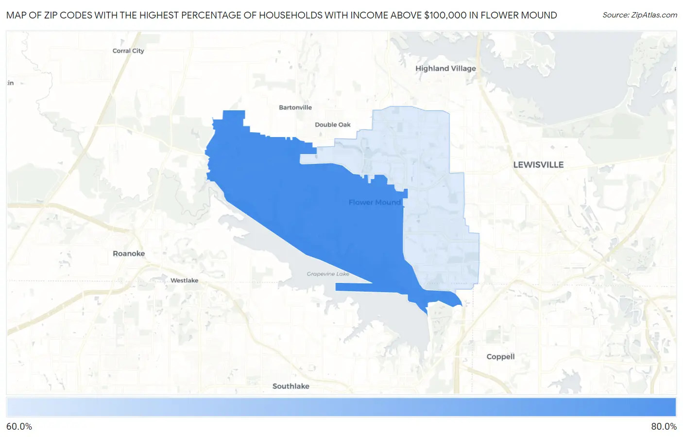 Zip Codes with the Highest Percentage of Households with Income Above $100,000 in Flower Mound Map