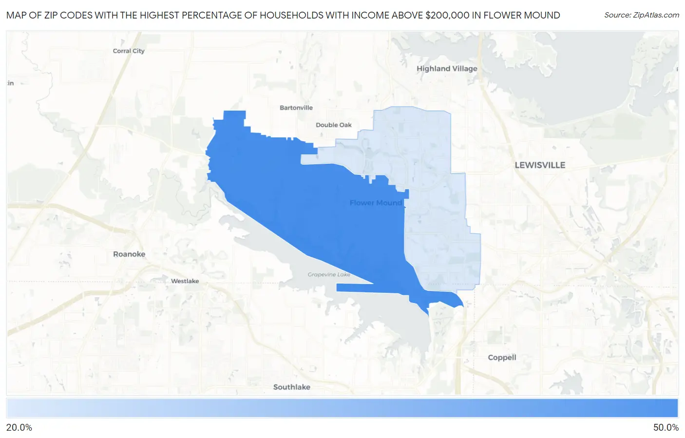 Zip Codes with the Highest Percentage of Households with Income Above $200,000 in Flower Mound Map