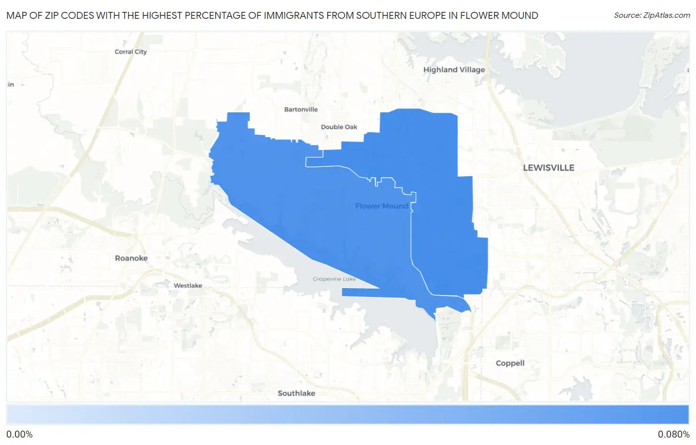 Zip Codes with the Highest Percentage of Immigrants from Southern Europe in Flower Mound Map