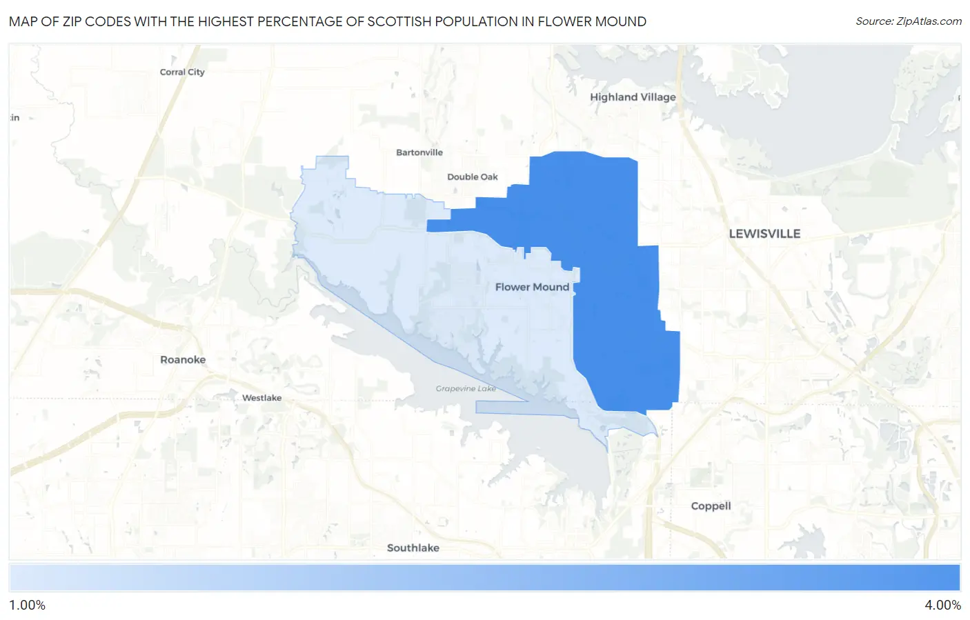 Zip Codes with the Highest Percentage of Scottish Population in Flower Mound Map