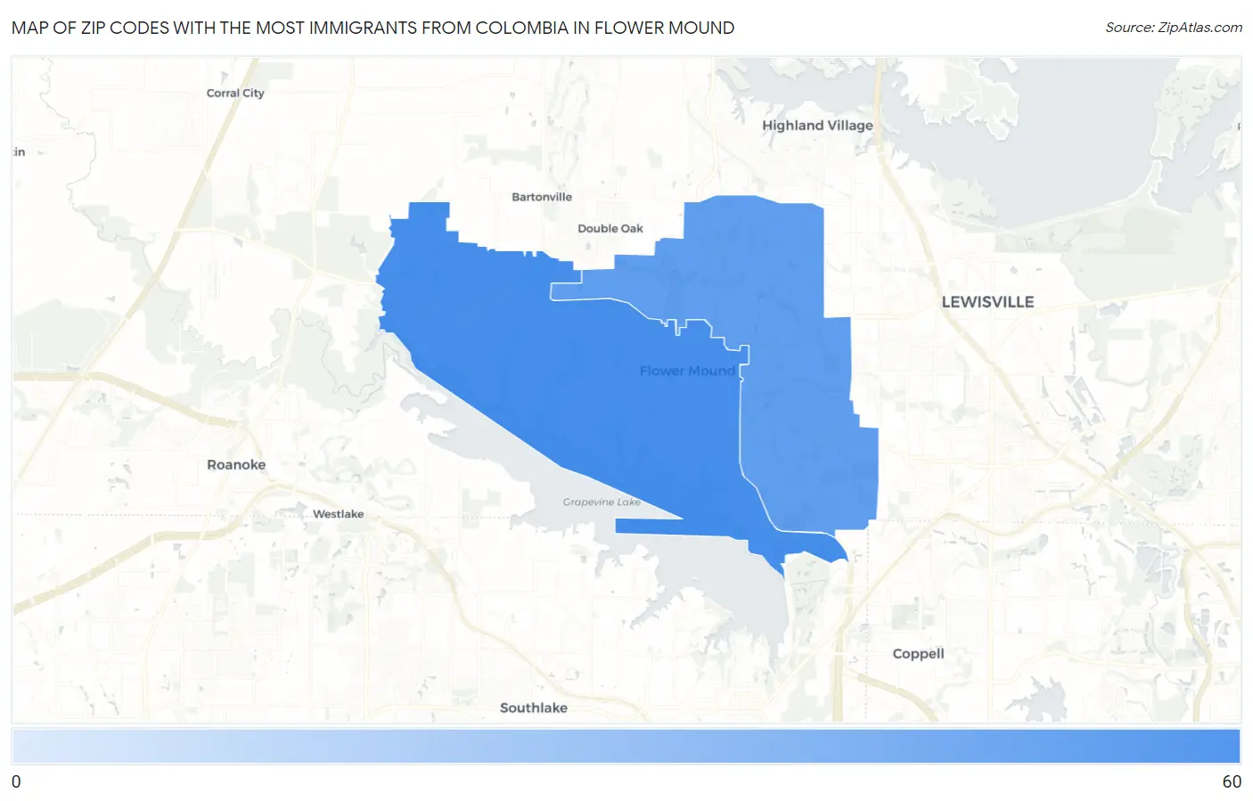Zip Codes with the Most Immigrants from Colombia in Flower Mound Map