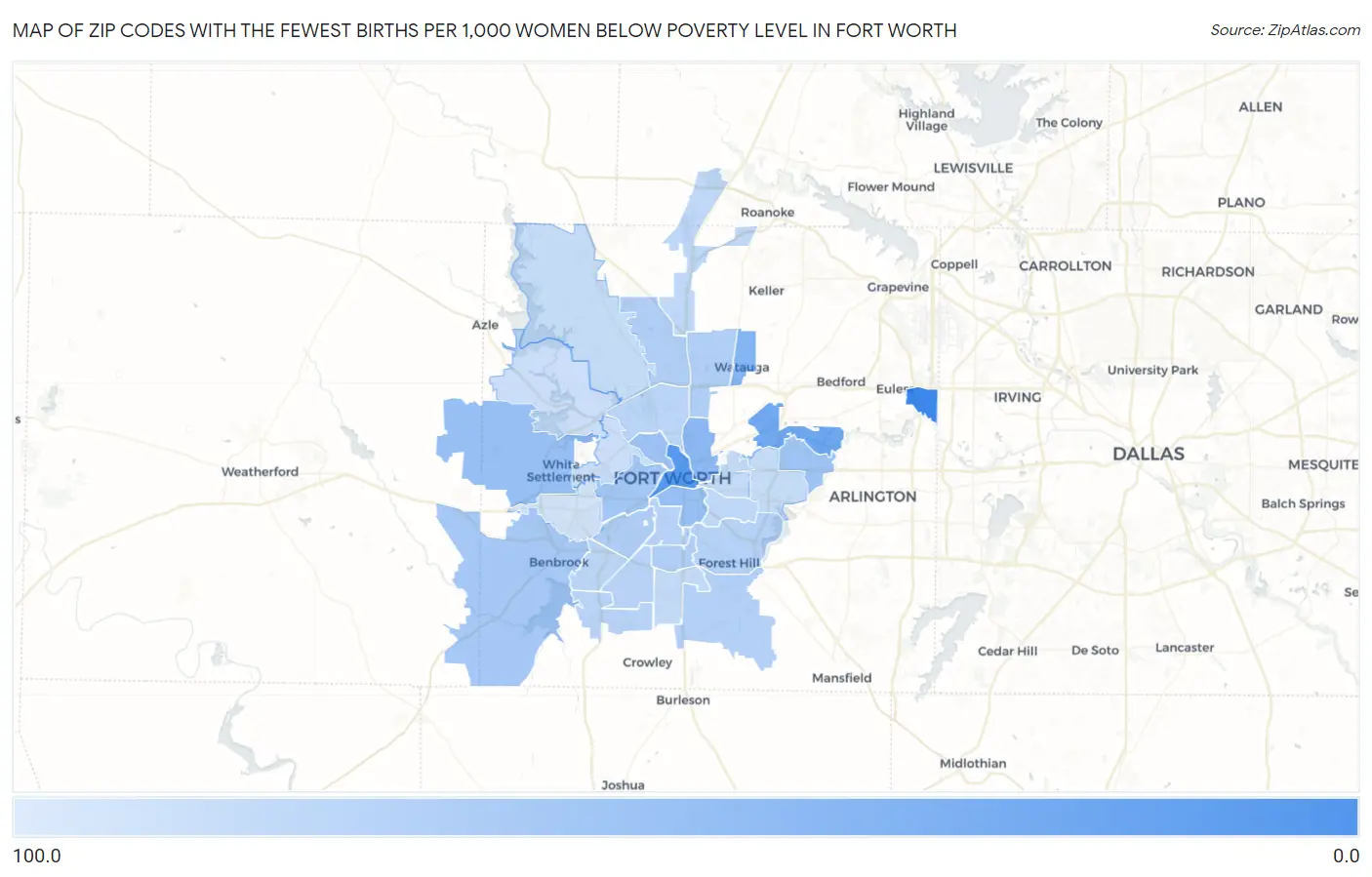 Zip Codes with the Fewest Births per 1,000 Women Below Poverty Level in Fort Worth Map