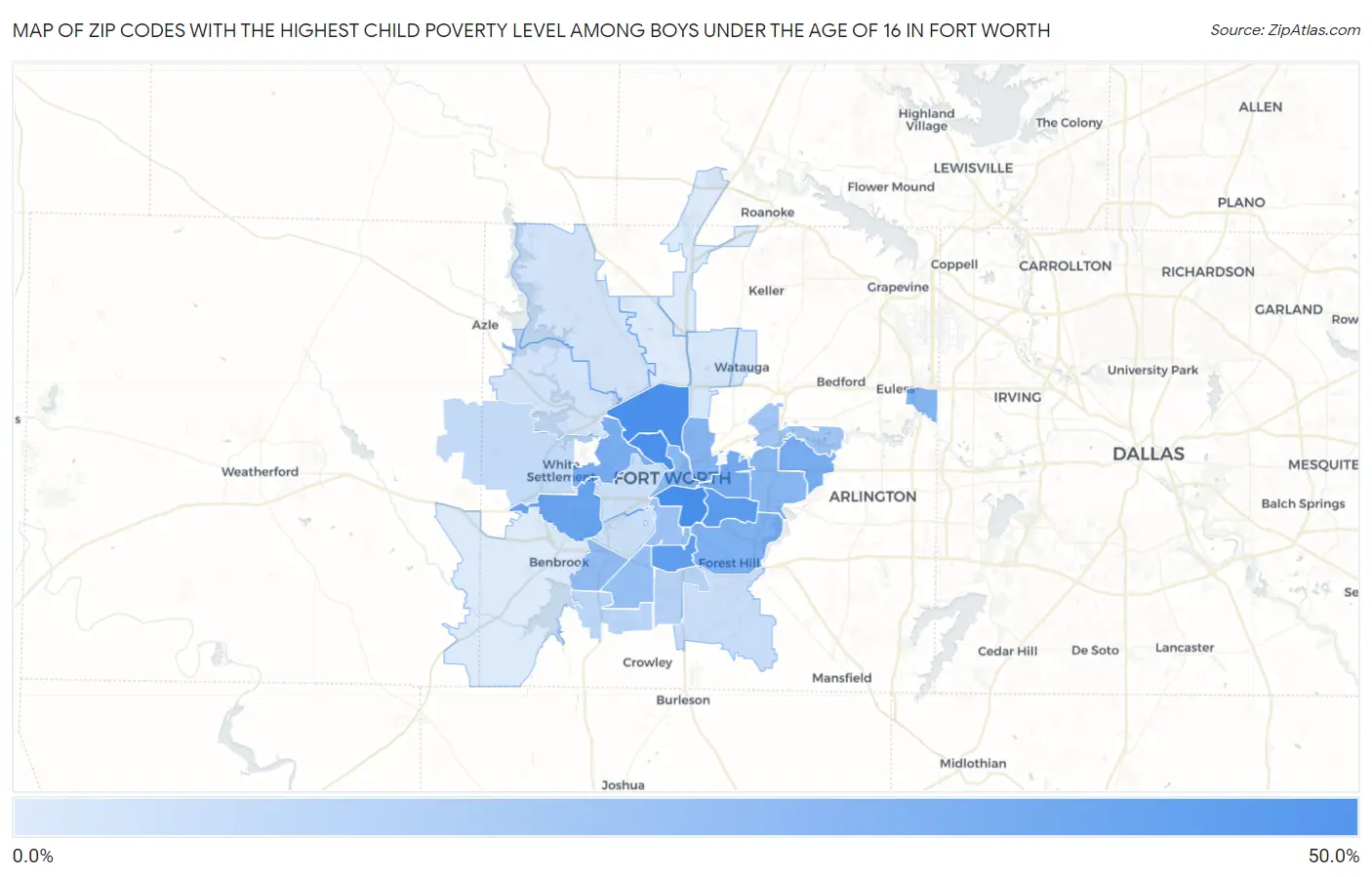 Zip Codes with the Highest Child Poverty Level Among Boys Under the Age of 16 in Fort Worth Map
