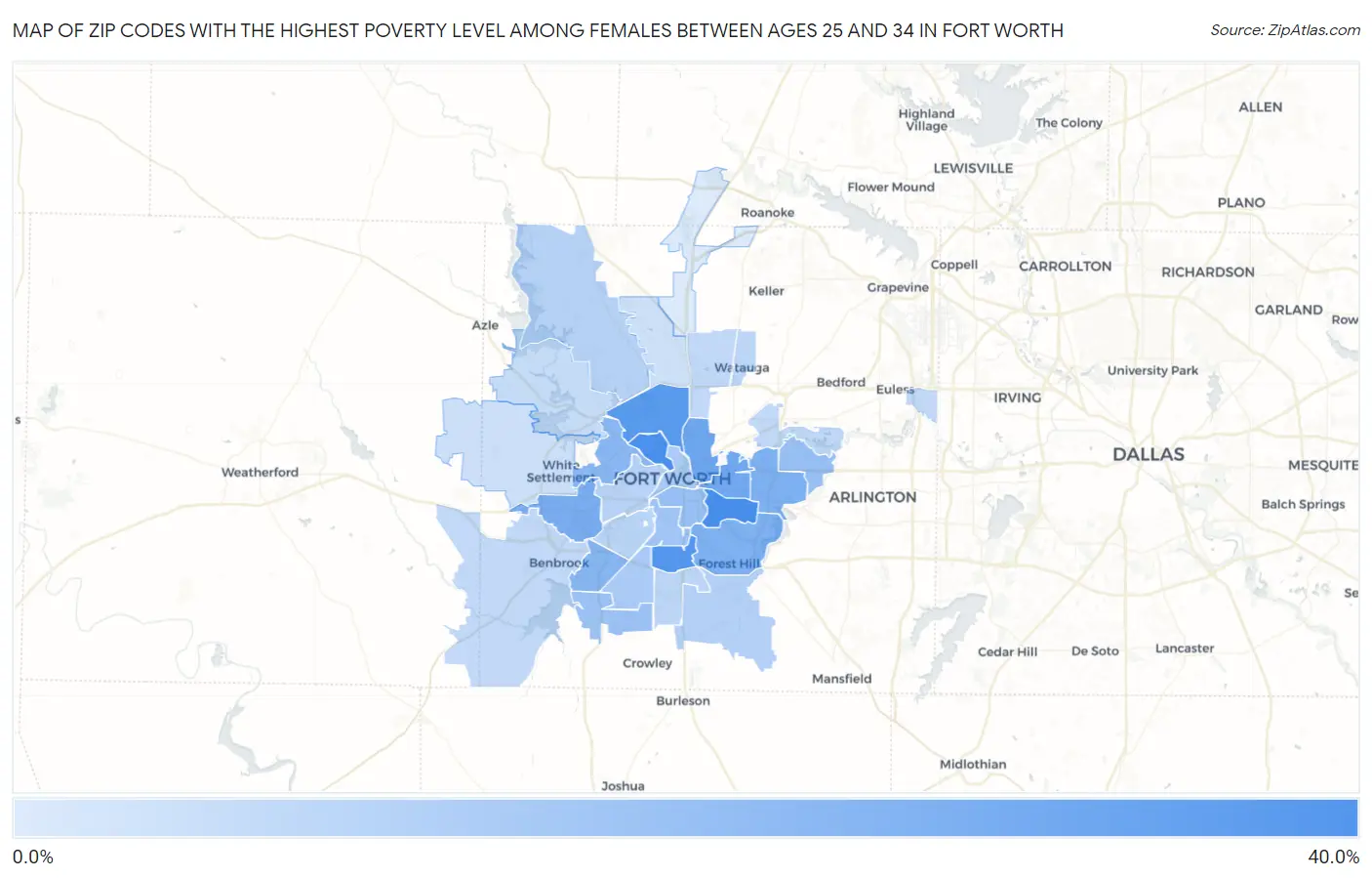 Zip Codes with the Highest Poverty Level Among Females Between Ages 25 and 34 in Fort Worth Map