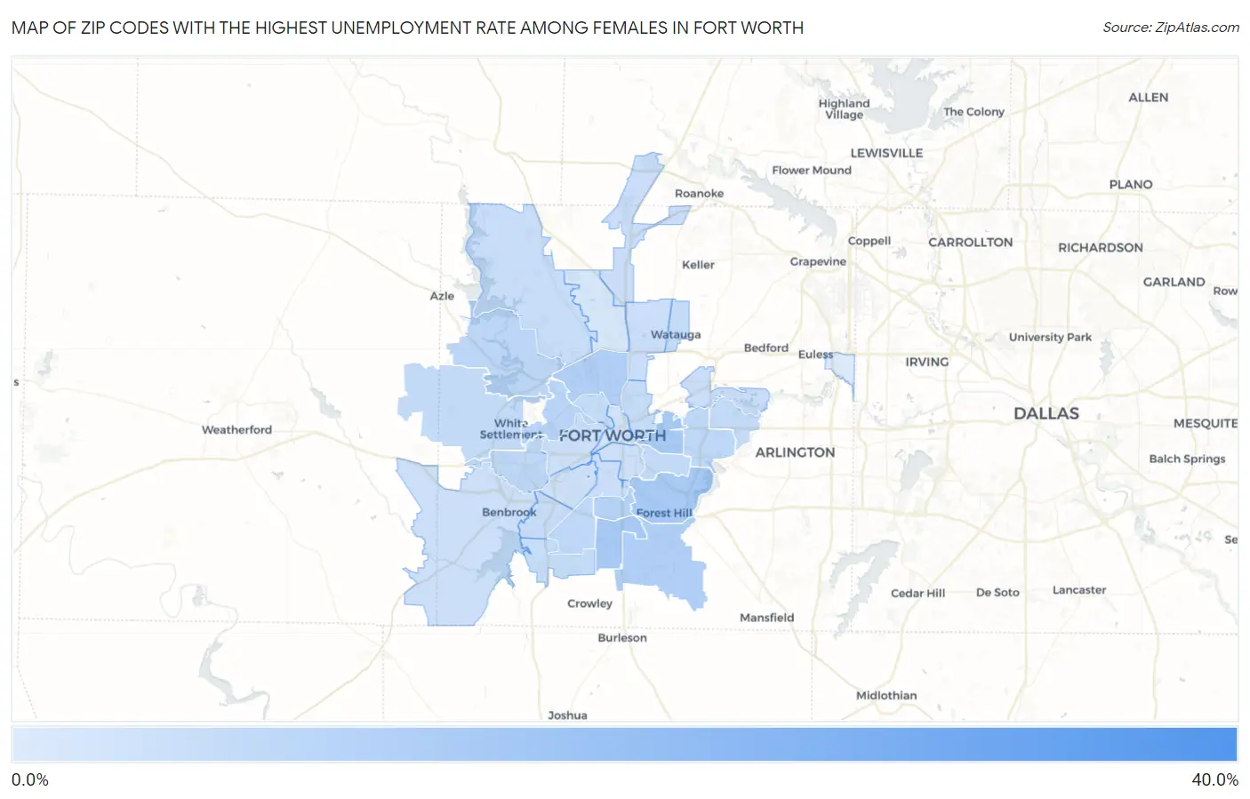 Zip Codes with the Highest Unemployment Rate Among Females in Fort Worth Map