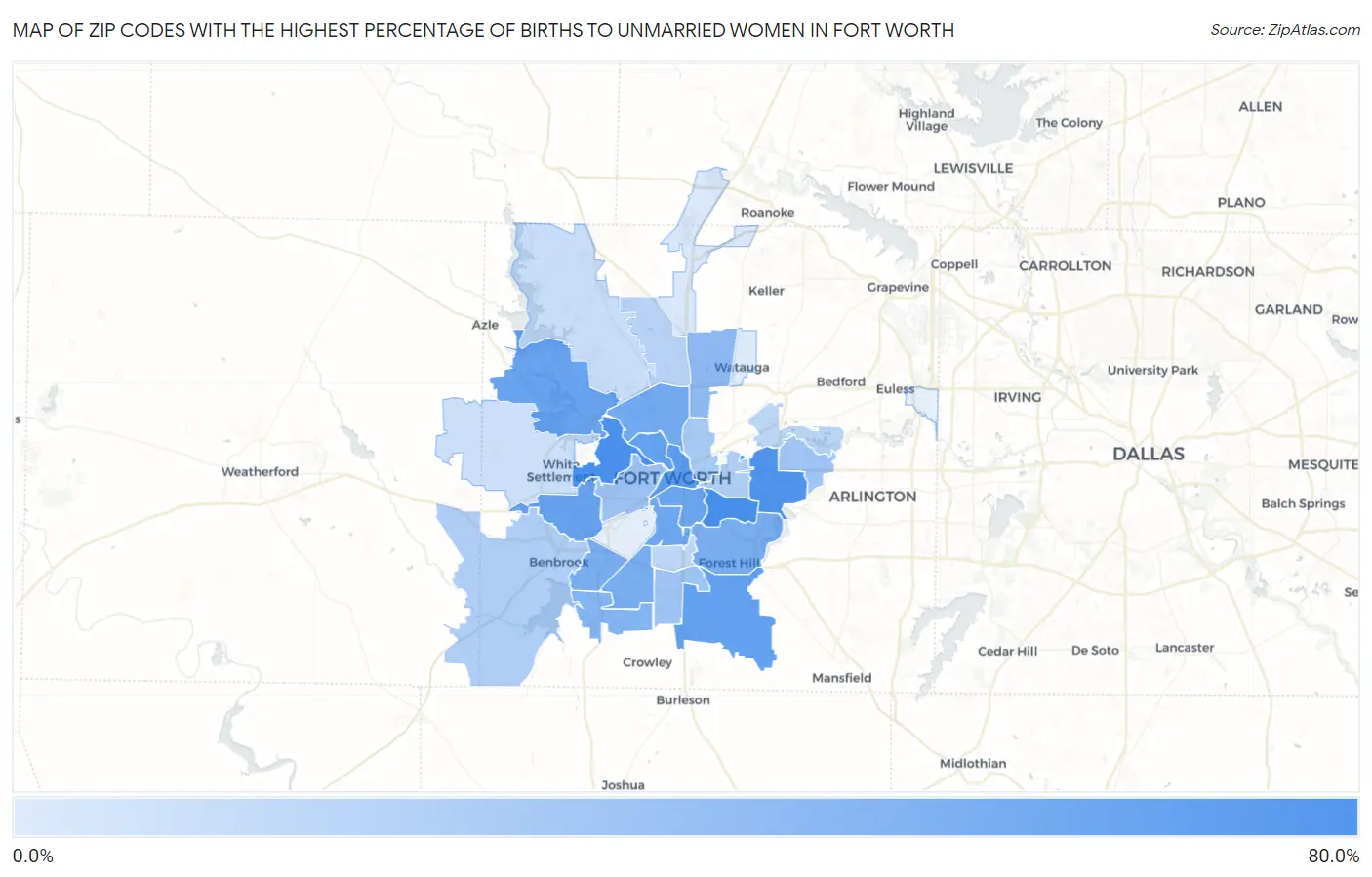 Zip Codes with the Highest Percentage of Births to Unmarried Women in Fort Worth Map