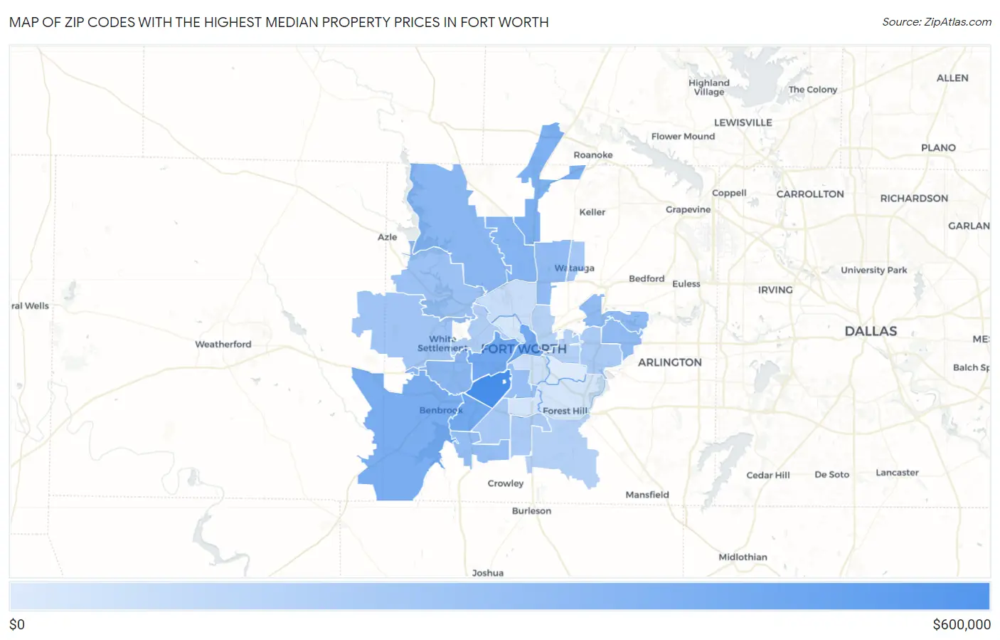 Zip Codes with the Highest Median Property Prices in Fort Worth Map