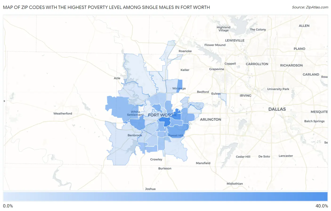 Zip Codes with the Highest Poverty Level Among Single Males in Fort Worth Map