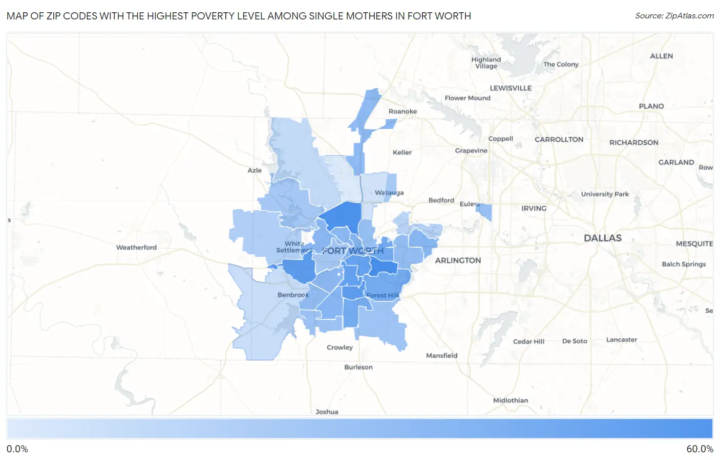 Zip Codes with the Highest Poverty Level Among Single Mothers in Fort Worth Map