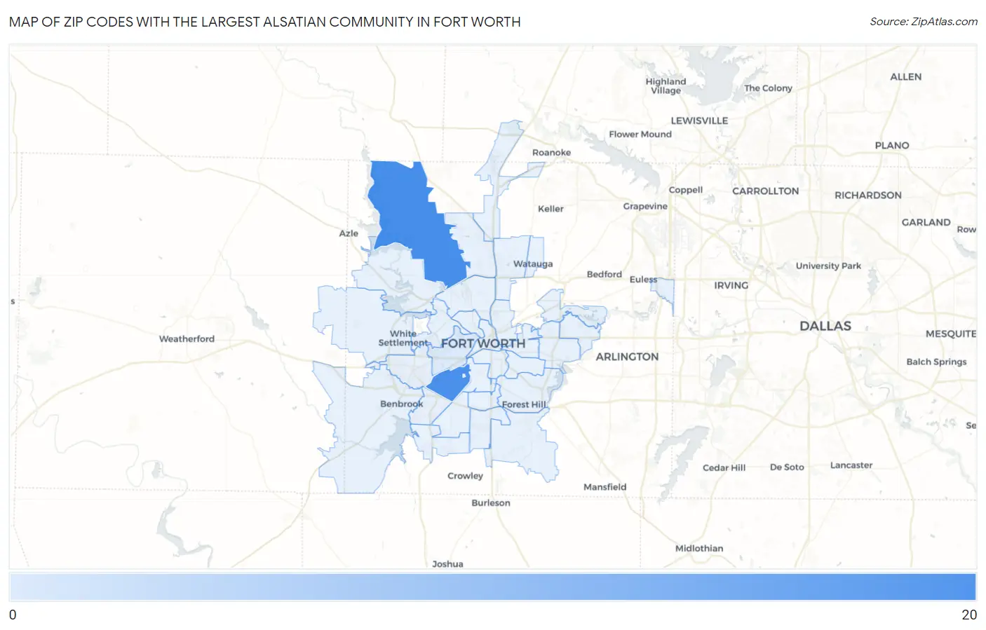 Zip Codes with the Largest Alsatian Community in Fort Worth Map