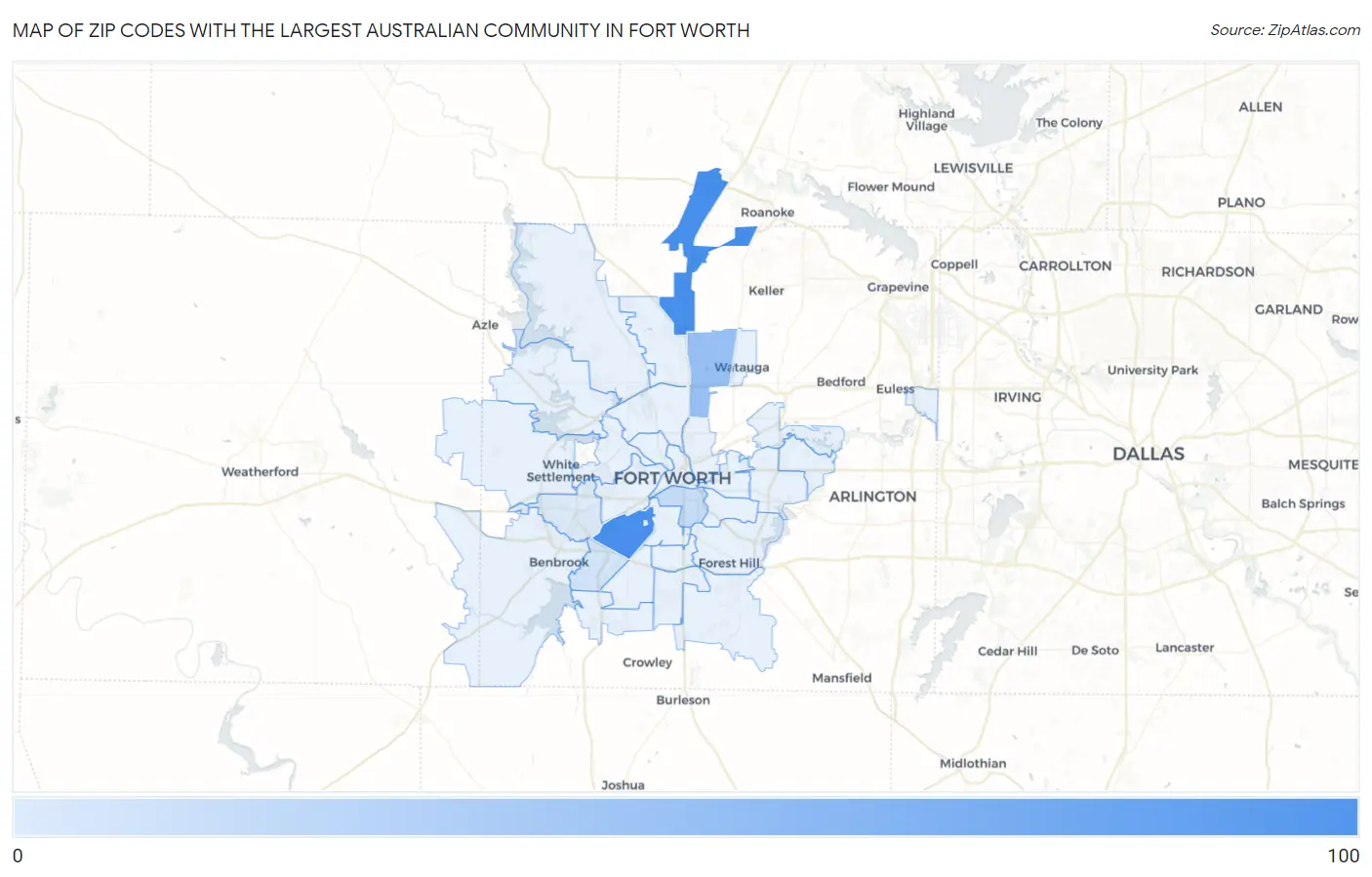 Zip Codes with the Largest Australian Community in Fort Worth Map