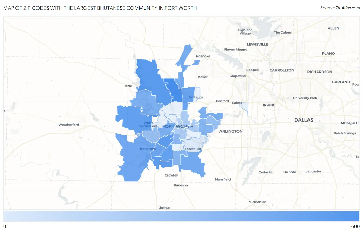 Zip Codes with the Largest Bhutanese Community in Fort Worth Map