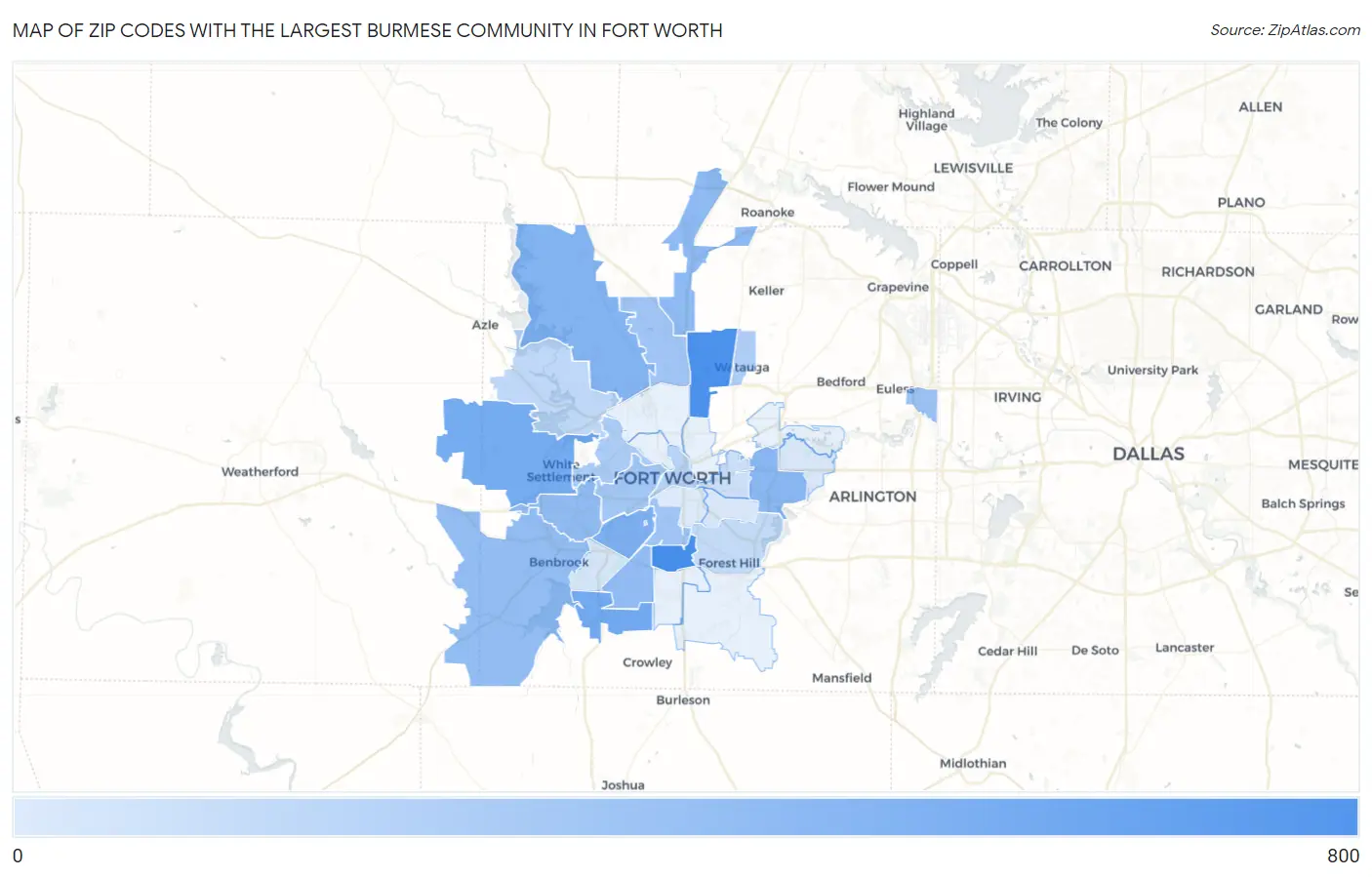 Zip Codes with the Largest Burmese Community in Fort Worth Map