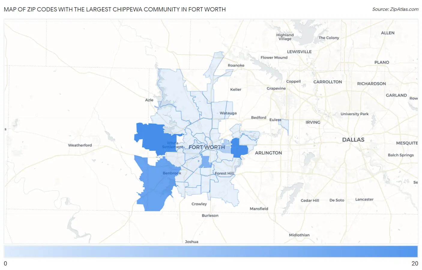 Zip Codes with the Largest Chippewa Community in Fort Worth Map
