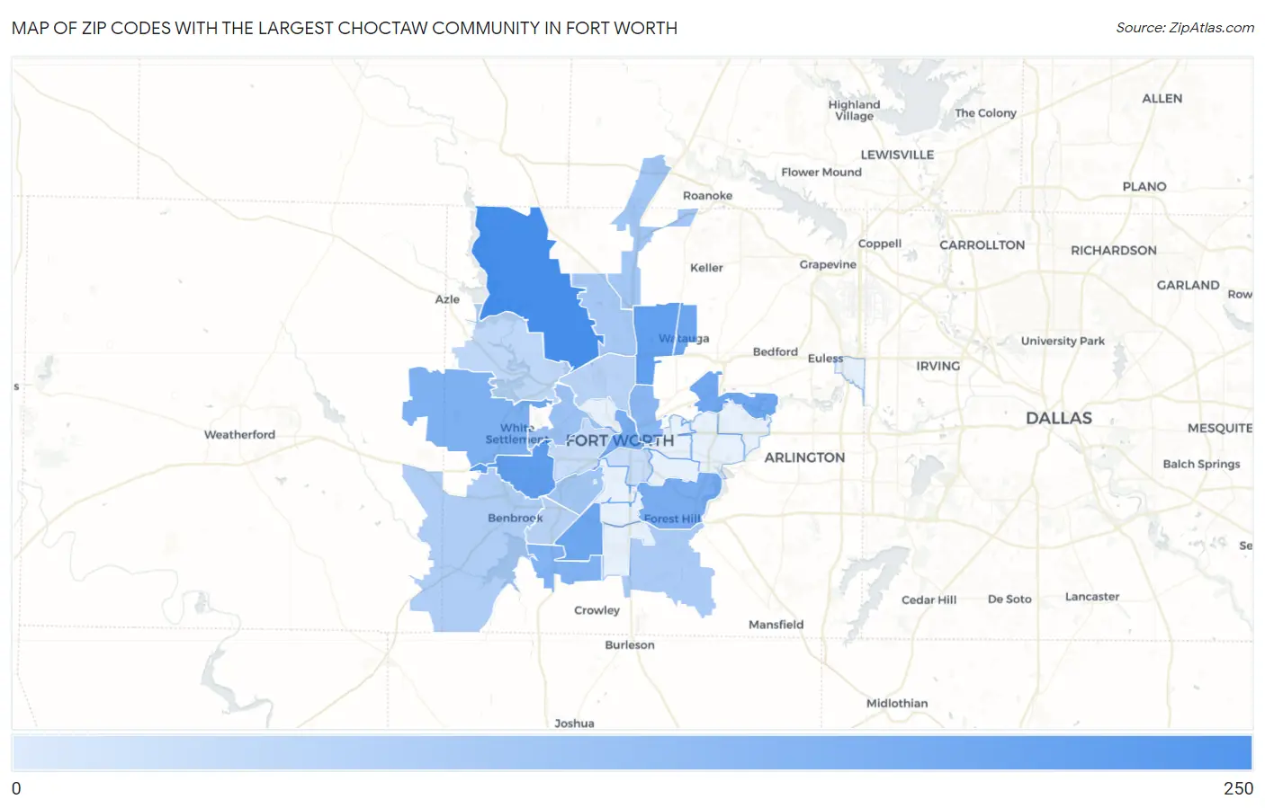 Zip Codes with the Largest Choctaw Community in Fort Worth Map