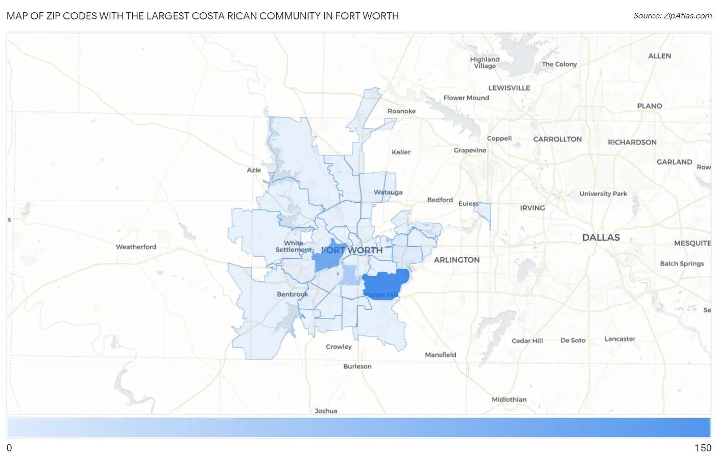 Zip Codes with the Largest Costa Rican Community in Fort Worth Map