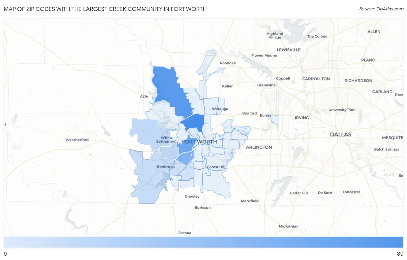 Zip Codes with the Largest Creek Community in Fort Worth Map